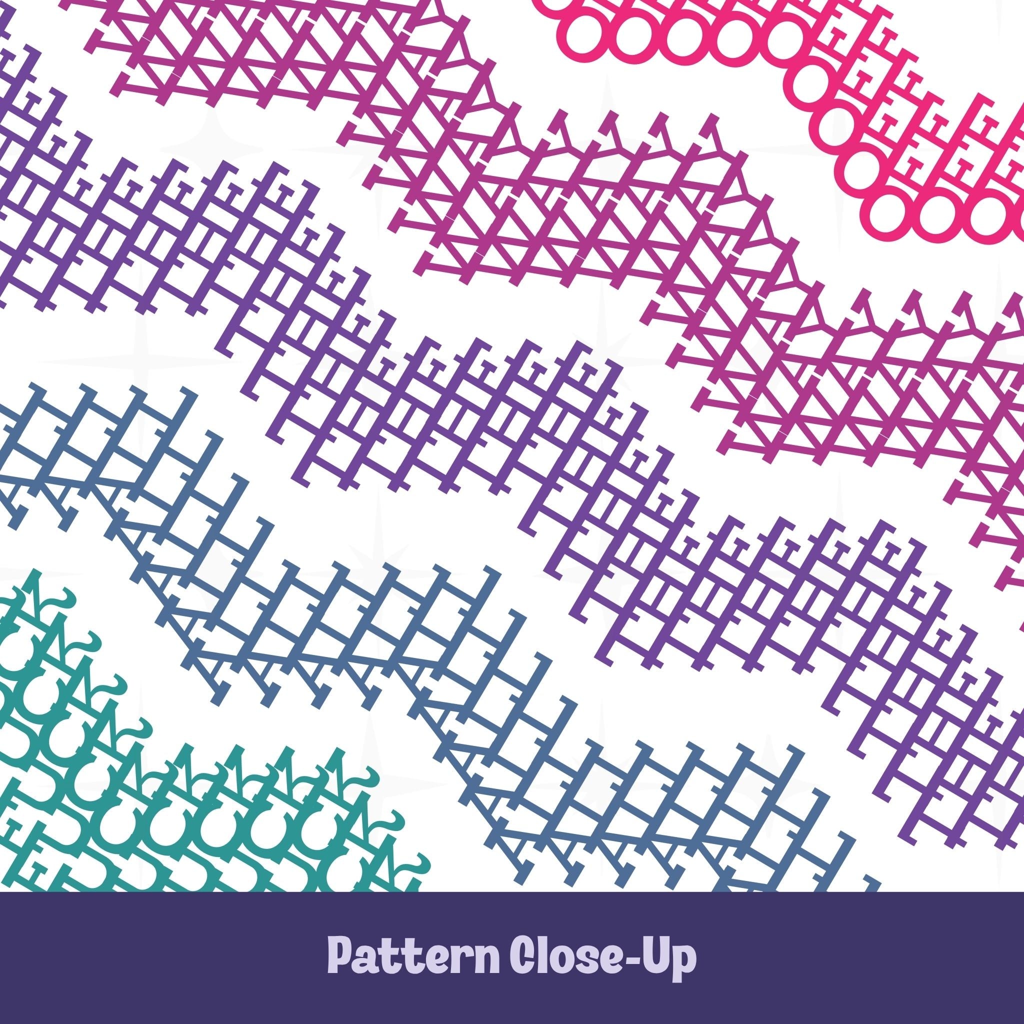 Close-up of bright stripe cross stitch pattern on hidden profanity tumbler in hot pink magenta purple slate blue and teal