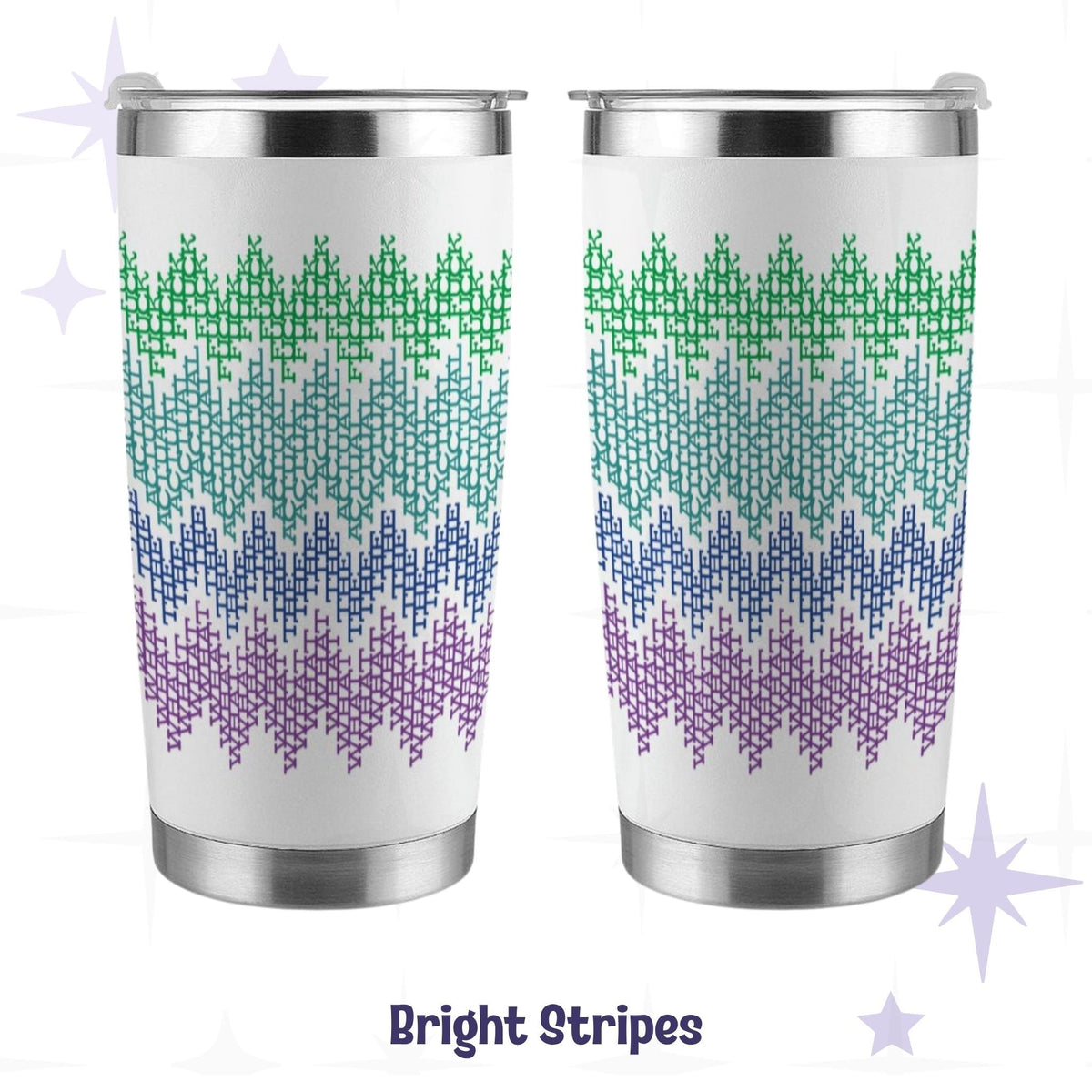 Bright stripes hidden message tumbler front and back views showing green teal blue purple gradient cross-stitch pattern on 20oz stainless steel