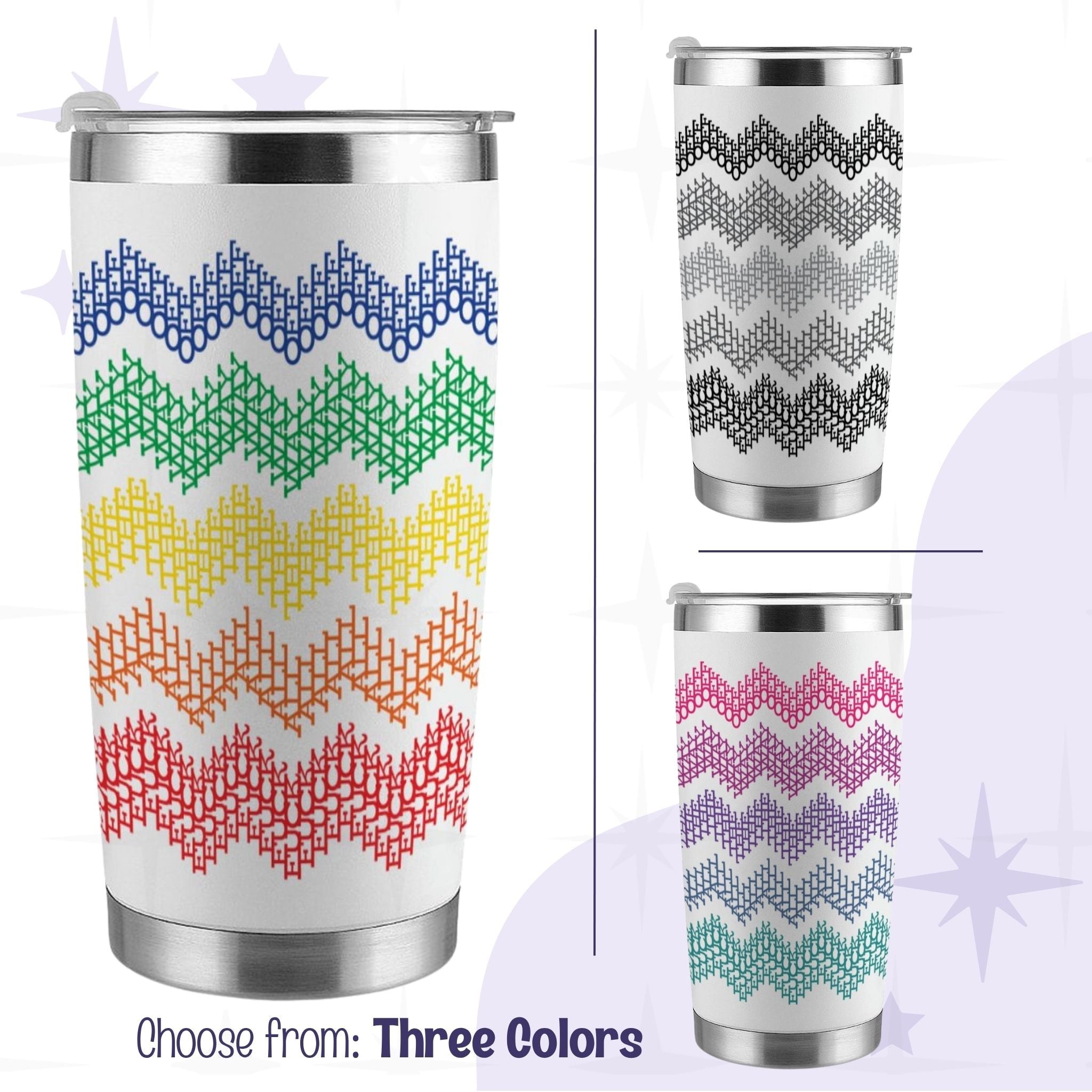 Hidden profanity 20 oz tumbler in three colorways showing cross stitch chevron pattern with hidden text on white stainless steel body