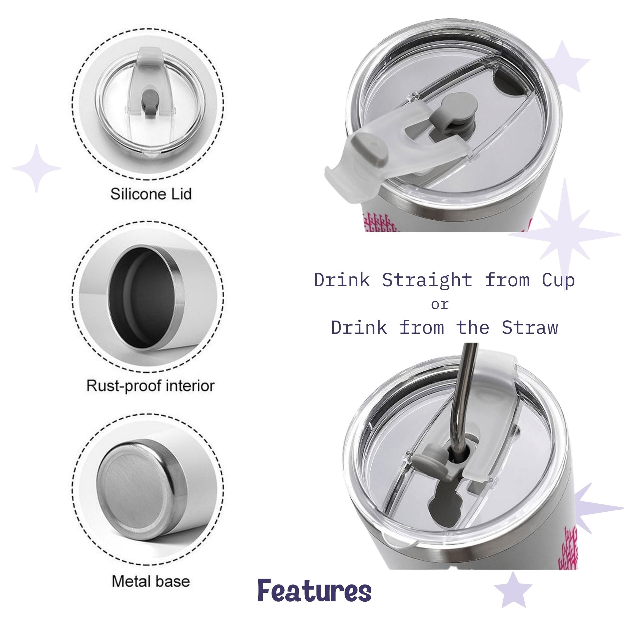Features detail showing silicone lid rust-proof interior metal base and straw compatibility for hidden profanity 20 oz tumbler