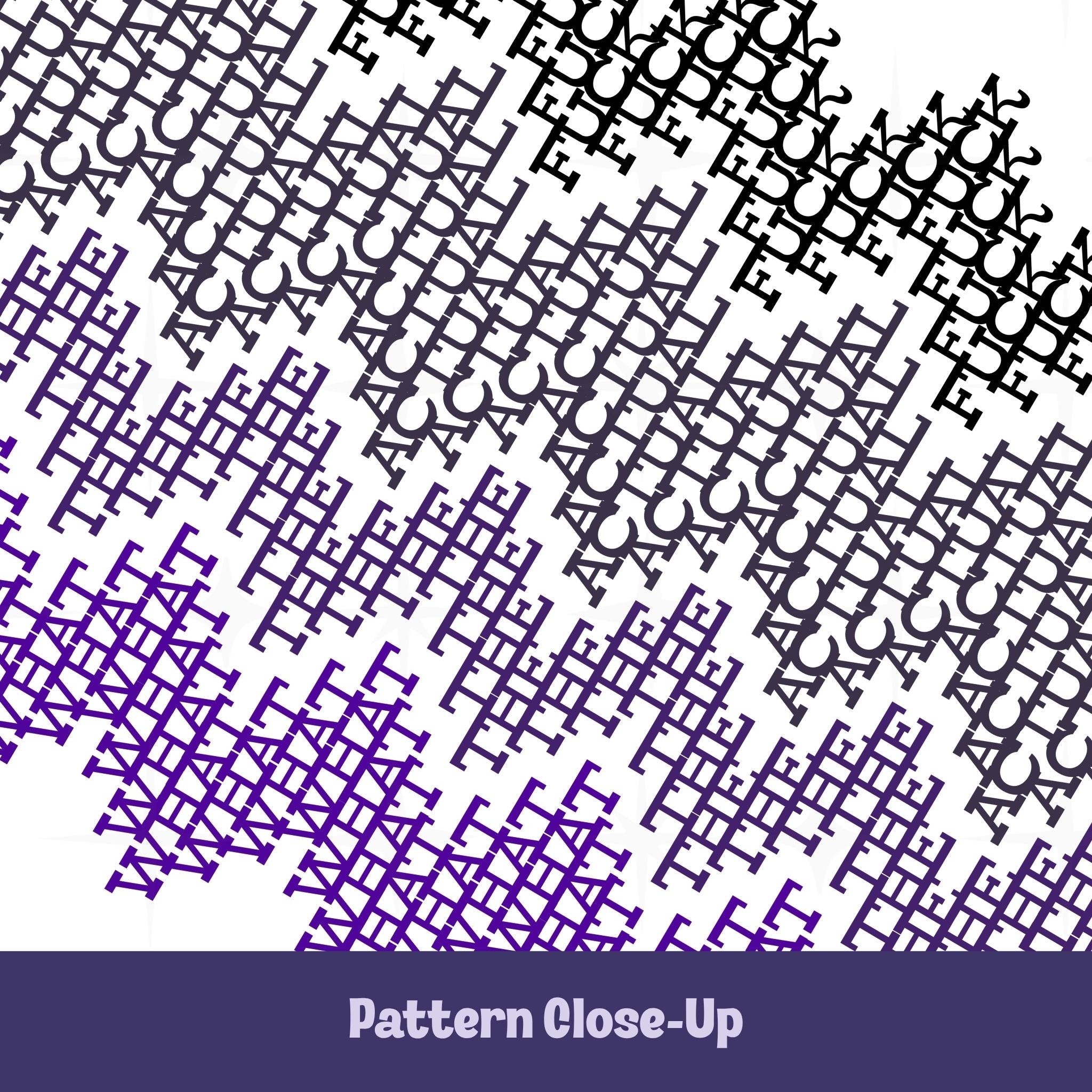 Close-up of hidden profanity pattern on tumbler in purple ombre colorway revealing repeating WHAT THE ACTUAL FUCK text in cross-stitch style letterforms fading from black to violet
