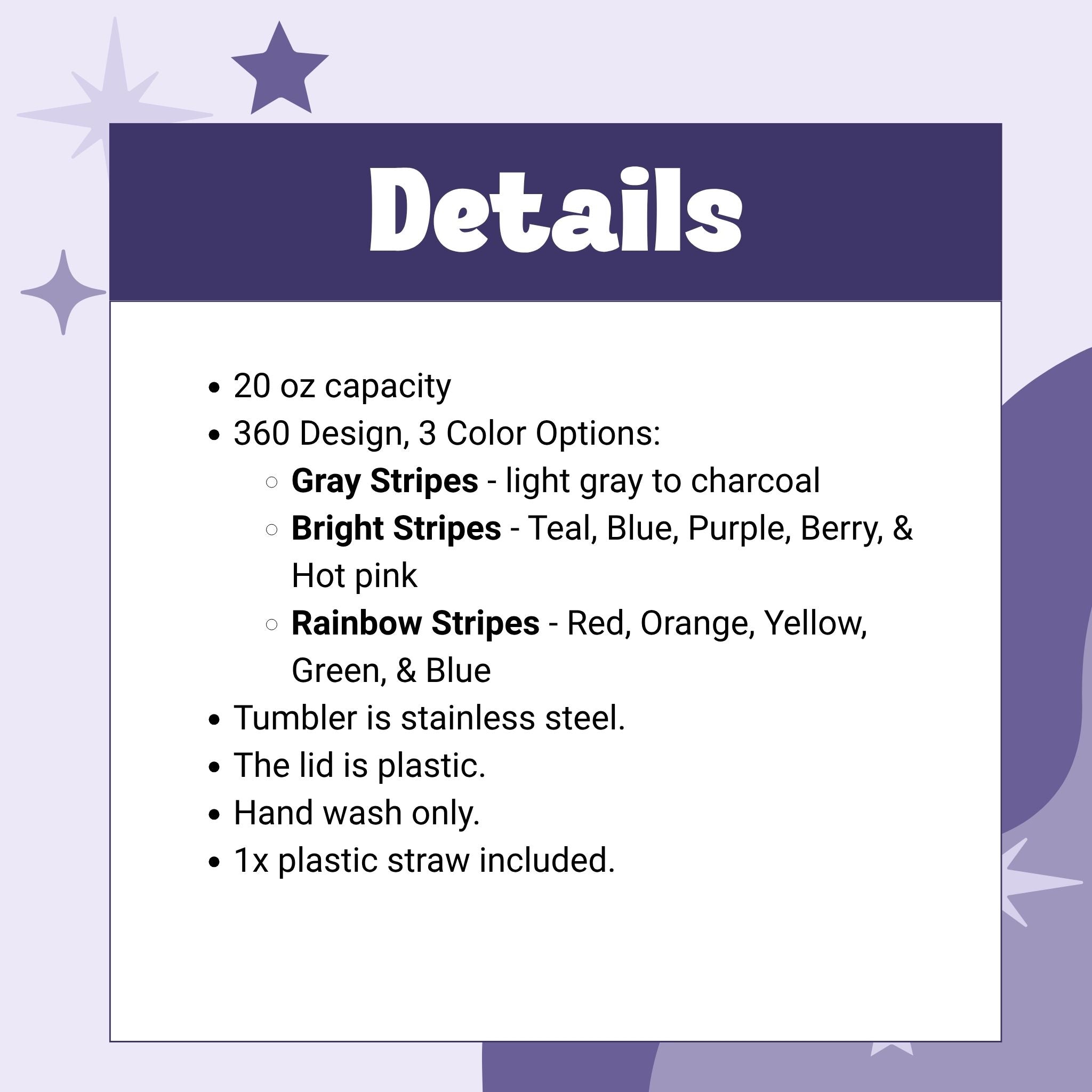 Product details graphic for hidden profanity tumbler listing 20 oz capacity three colorways stainless steel hand wash only