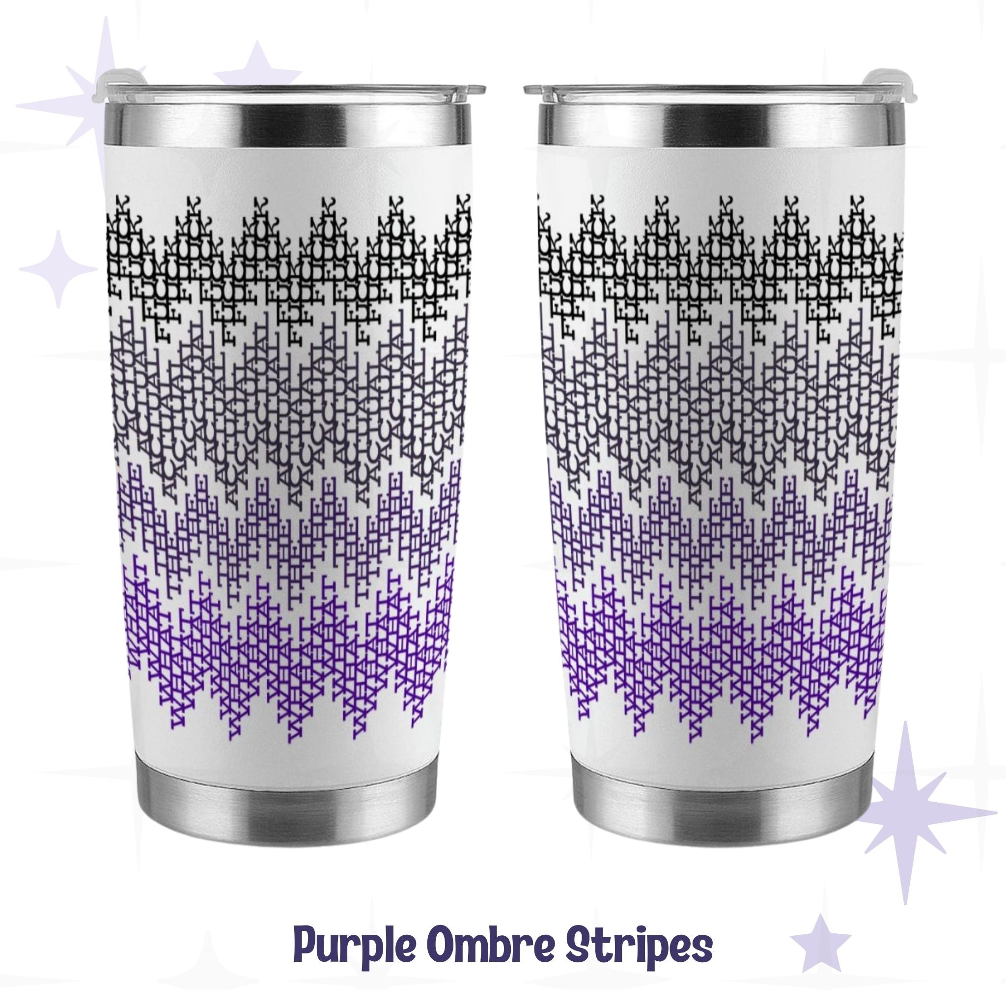 Hidden profanity tumbler in purple ombre colorway showing front and back views of 360-degree fair isle swear word wrap on stainless steel