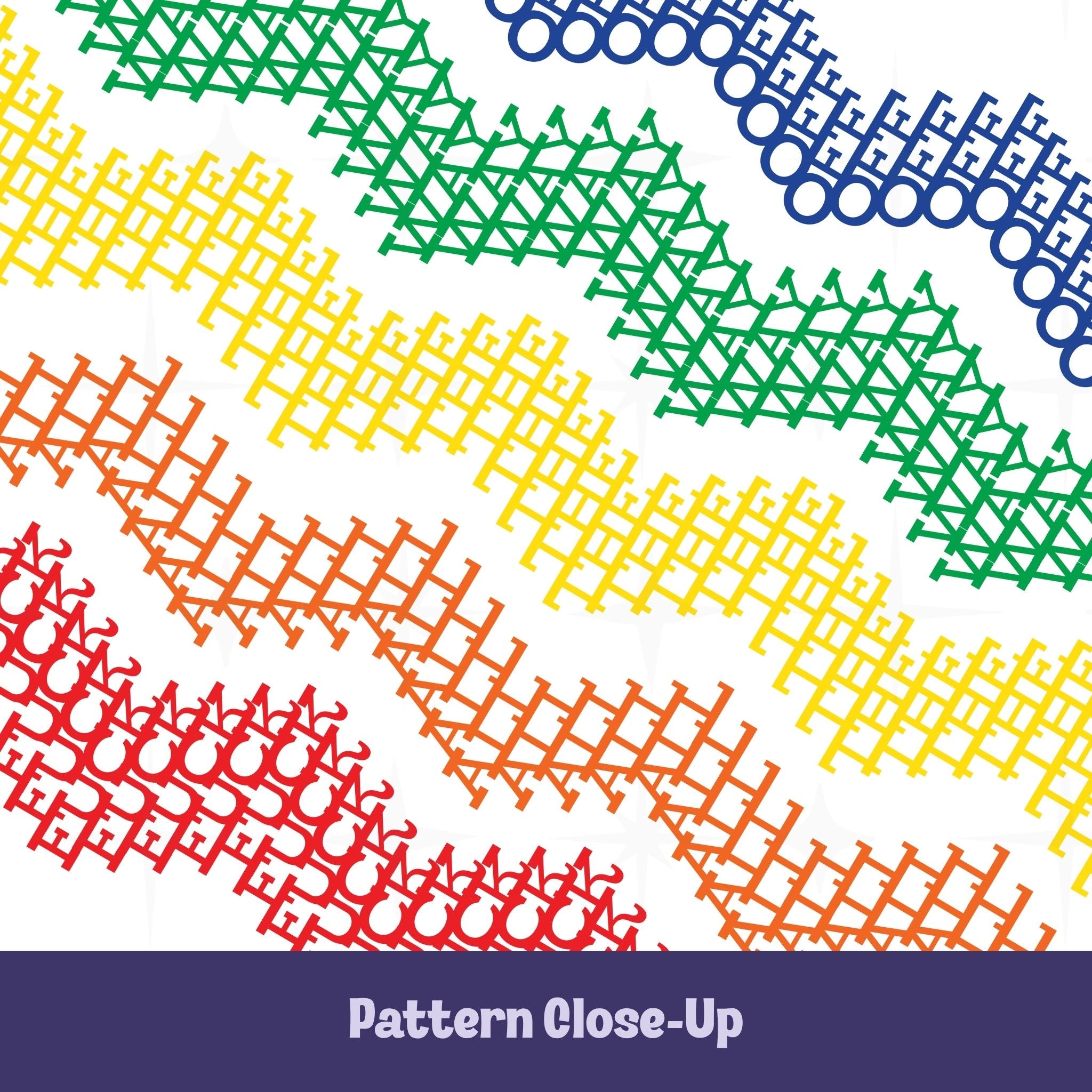 Close-up of rainbow stripe cross stitch pattern on hidden profanity tumbler revealing interlocking typographic letterforms in blue green yellow orange and red