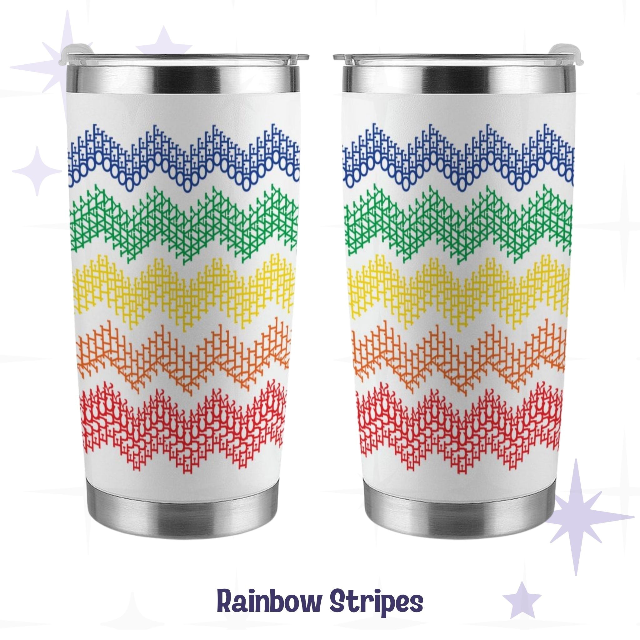 Hidden profanity tumbler rainbow stripes colorway front and back view showing full 360 degree cross stitch chevron wrap