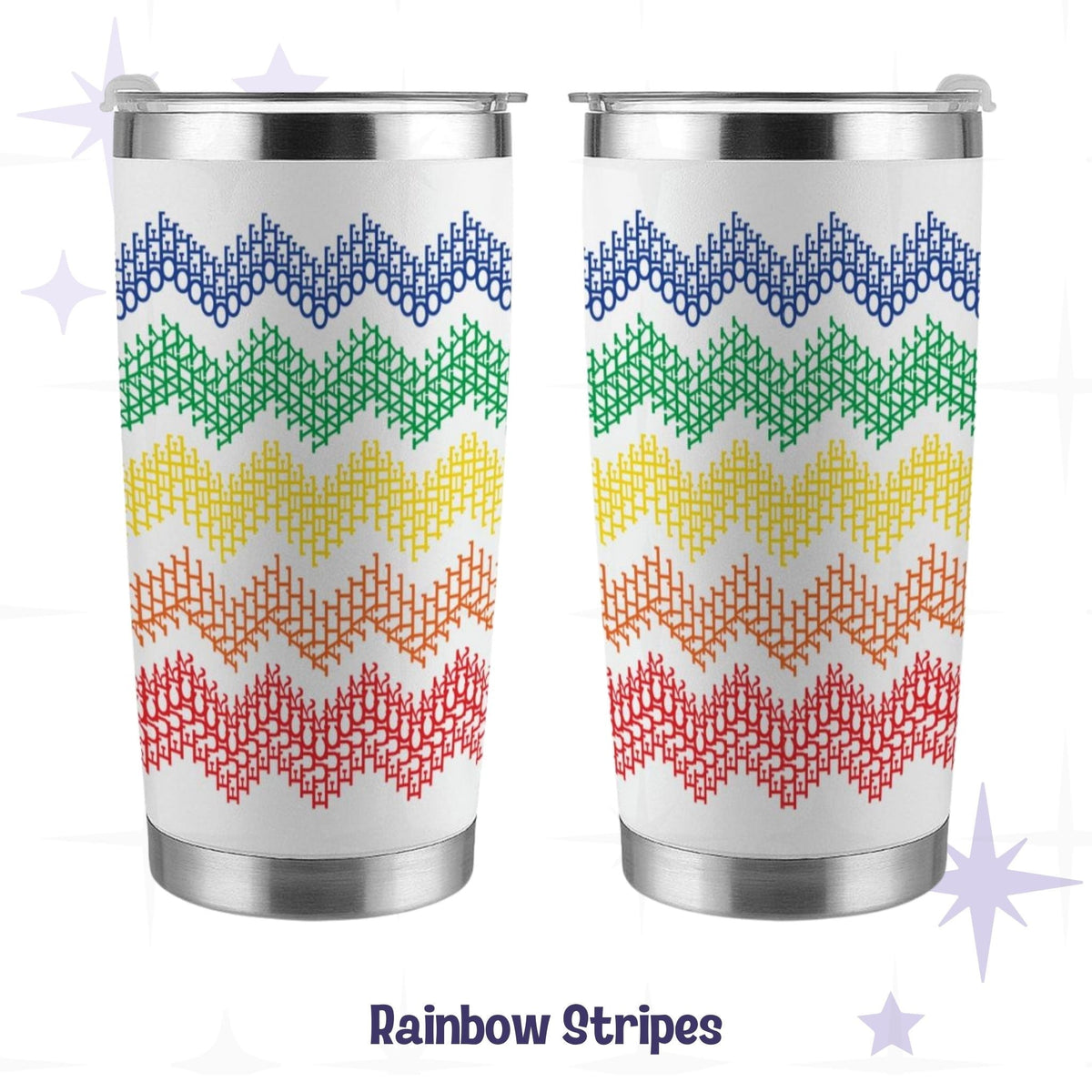 Hidden profanity tumbler rainbow stripes colorway front and back view showing full 360 degree cross stitch chevron wrap