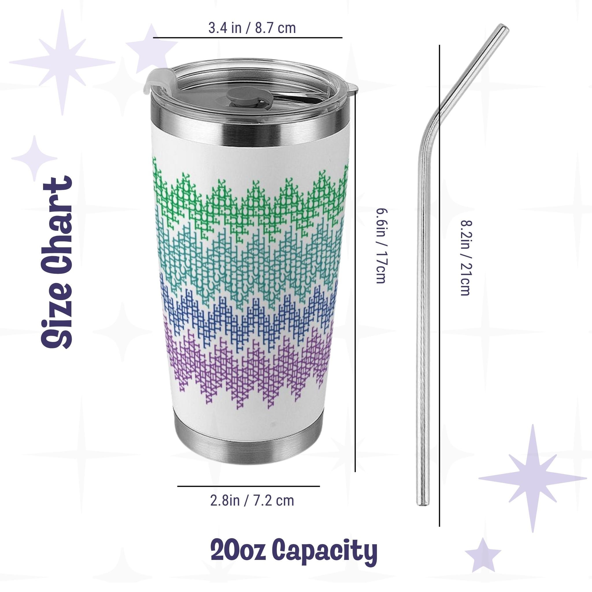 Size chart for 20oz hidden profanity tumbler showing dimensions 3.4 inch top diameter, 6.6 inch height, 2.8 inch base, and 8.2 inch straw height