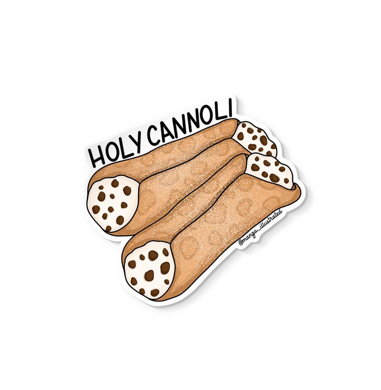 Holy cannoli sticker flat lay — waterproof vinyl italian dessert water bottle sticker by indie artist MangoIllustrated