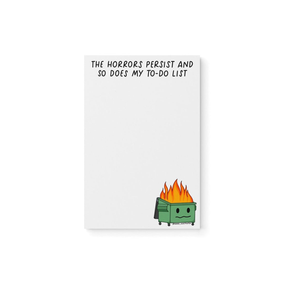 Horrors Persist Notepad flat lay — funny feminist desk notepad and stationery gift by indie artist MangoIllustrated