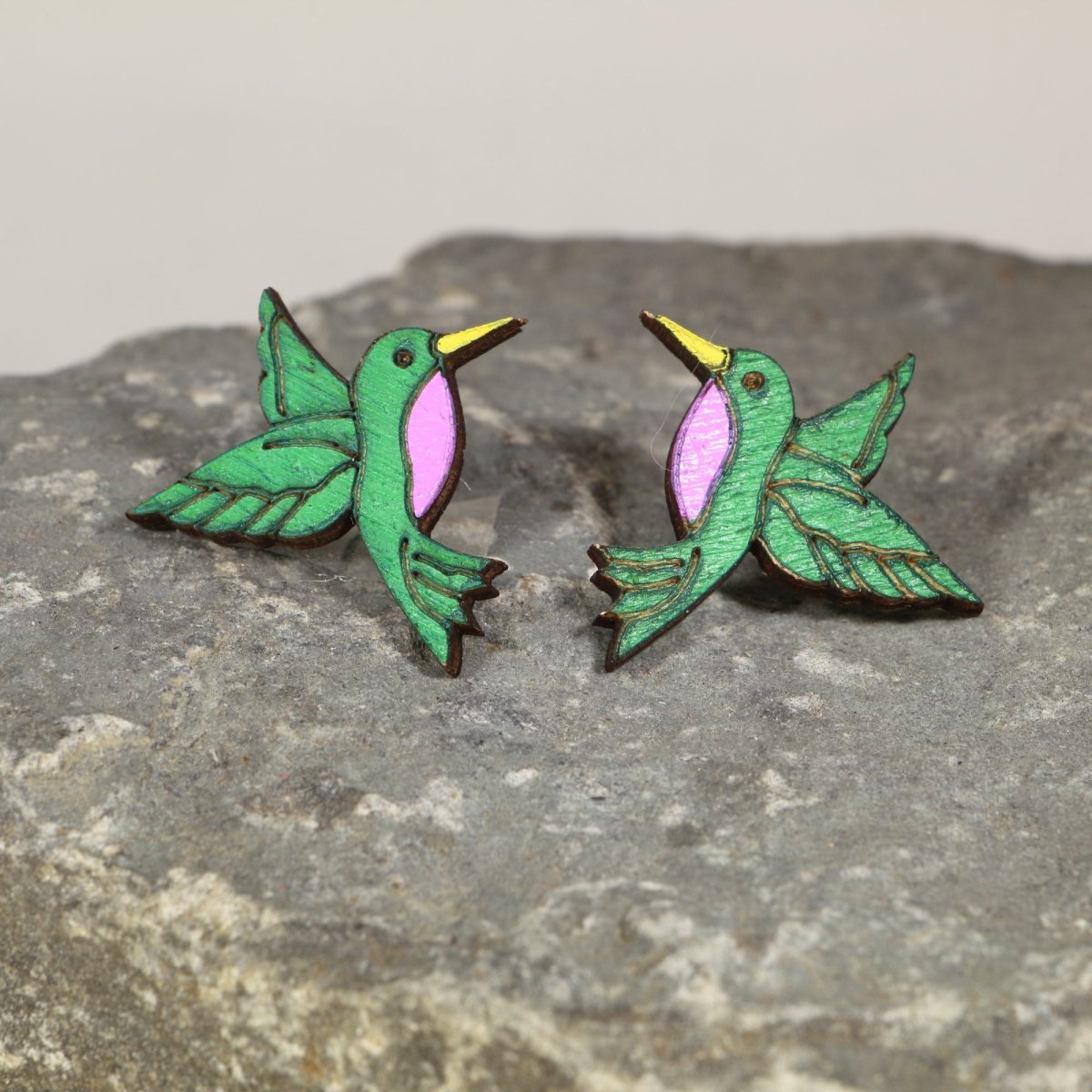 Hummingbird Wooden Dangle Earrings - Studs - Cate&