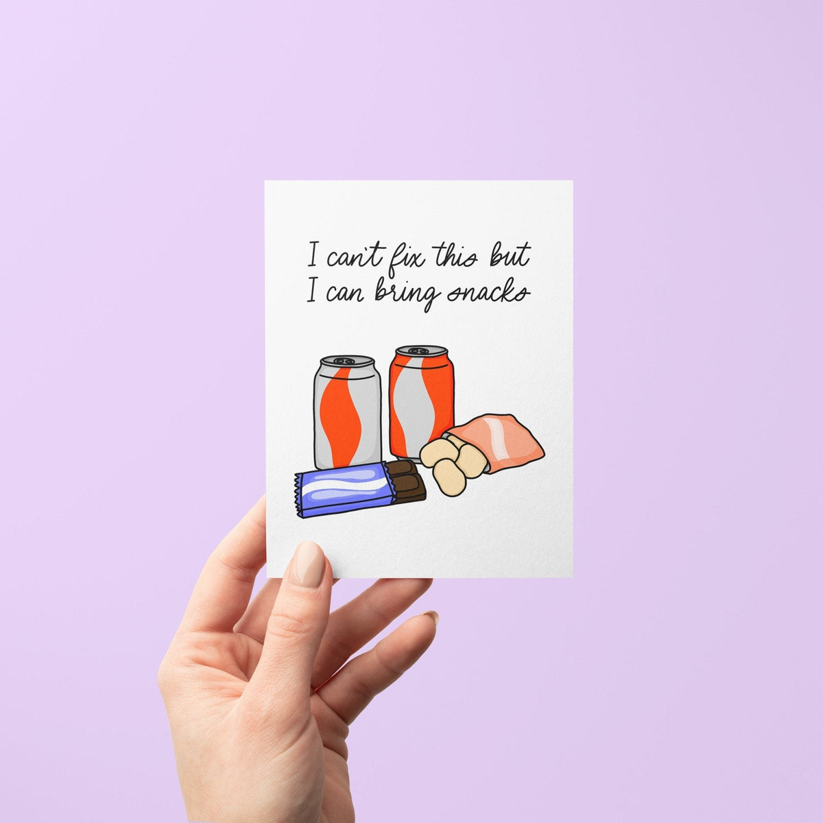I Can Bring Snacks Sympathy Card with A2 kraft envelope — illustrated snack lineup detail by indie artist MangoIllustrated