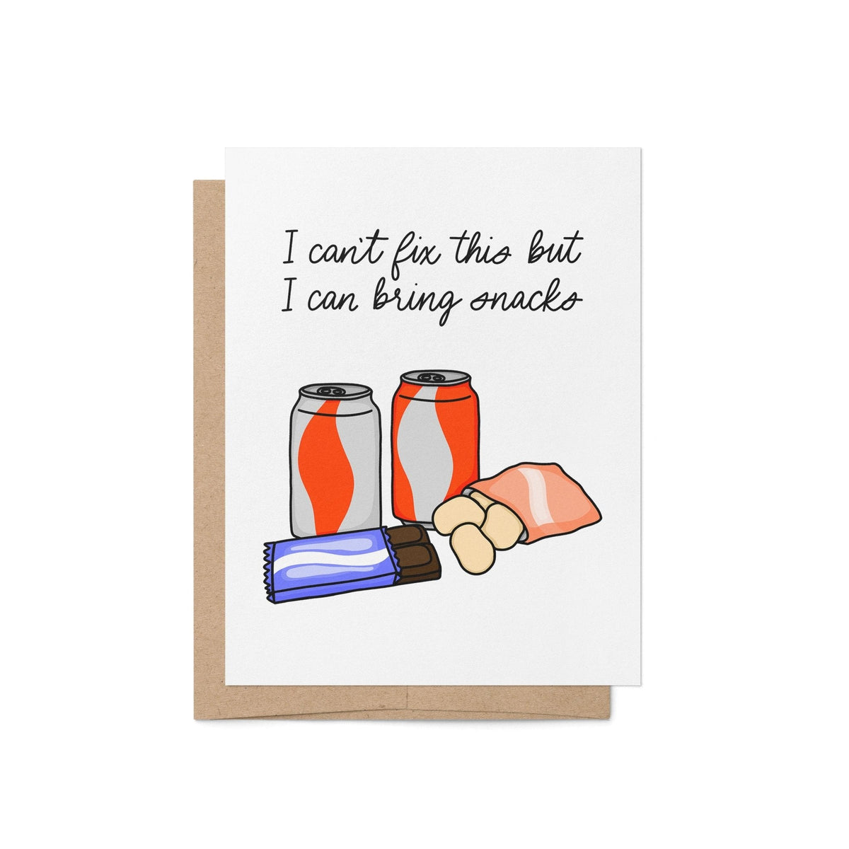 I Can Bring Snacks Sympathy Card flat lay — witty thinking of you and bad day card by indie artist MangoIllustrated
