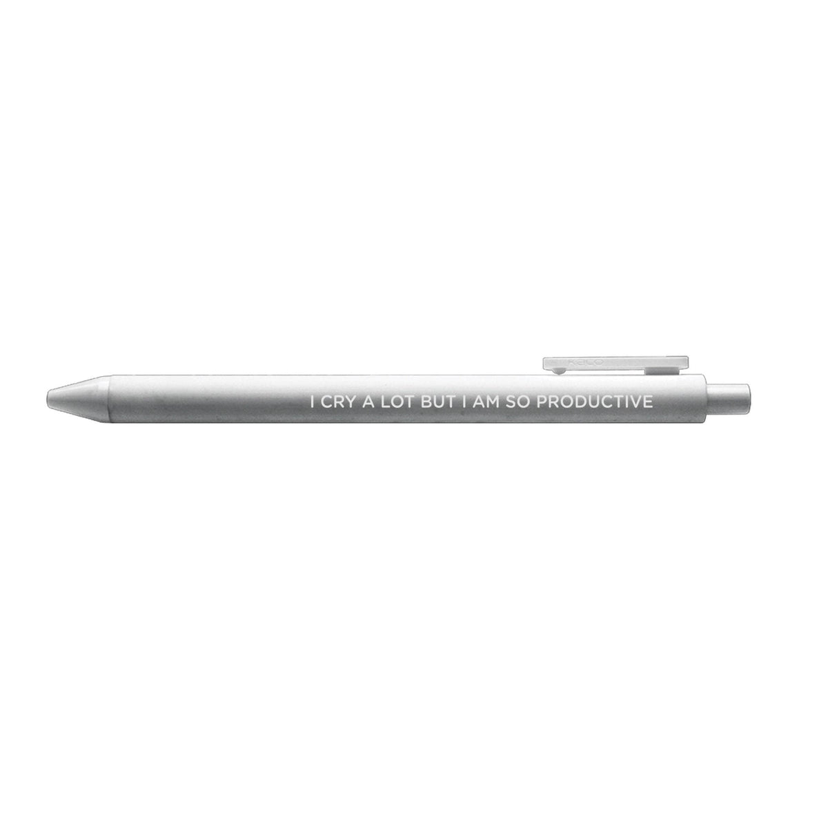 I cry a lot but I am so productive pen flat lay — silver barrel funny coworker gift pen by indie artist MangoIllustrated