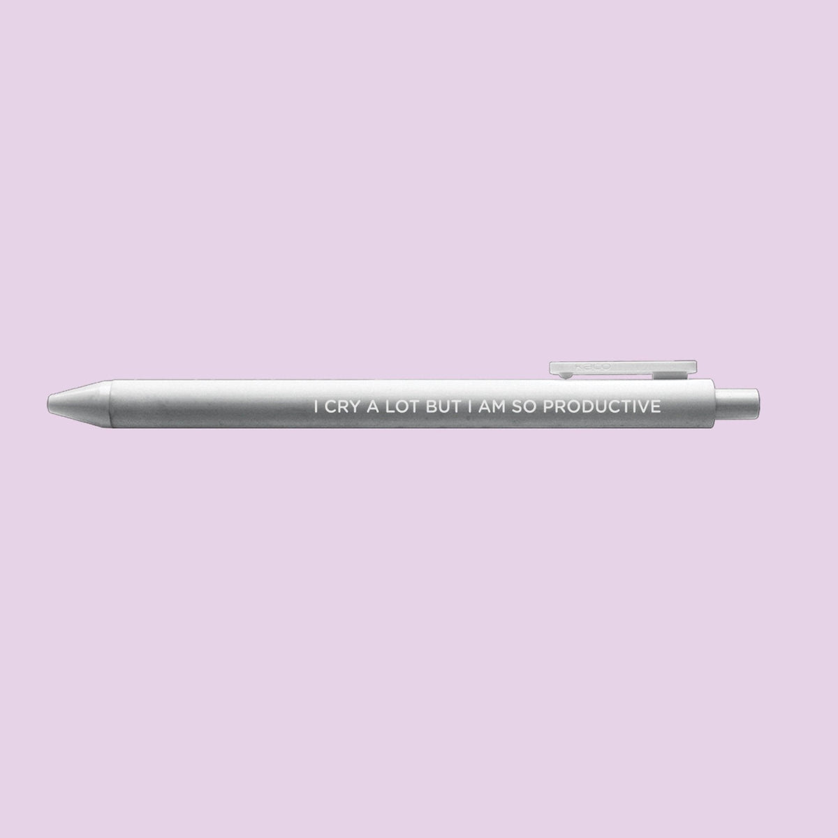 I cry a lot but I am so productive jotter pen — silver barrel with white lettering and black gel ink, 0.5mm, by MangoIllustrated