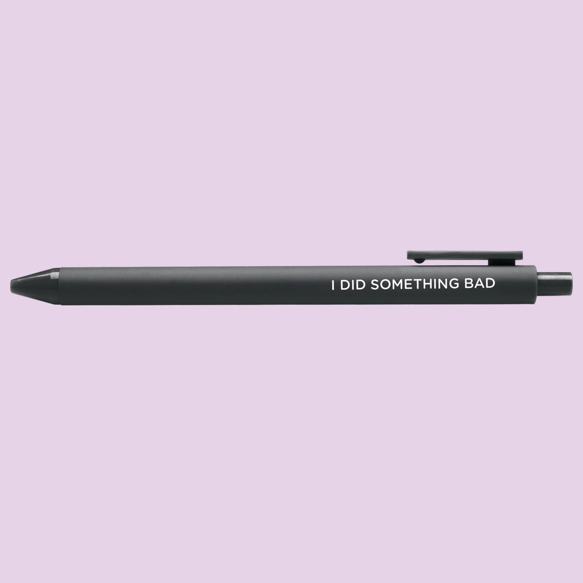 I Did Something Bad jotter gel pen angled view — black jotter gel pen with black gel ink by indie artist MangoIllustrated