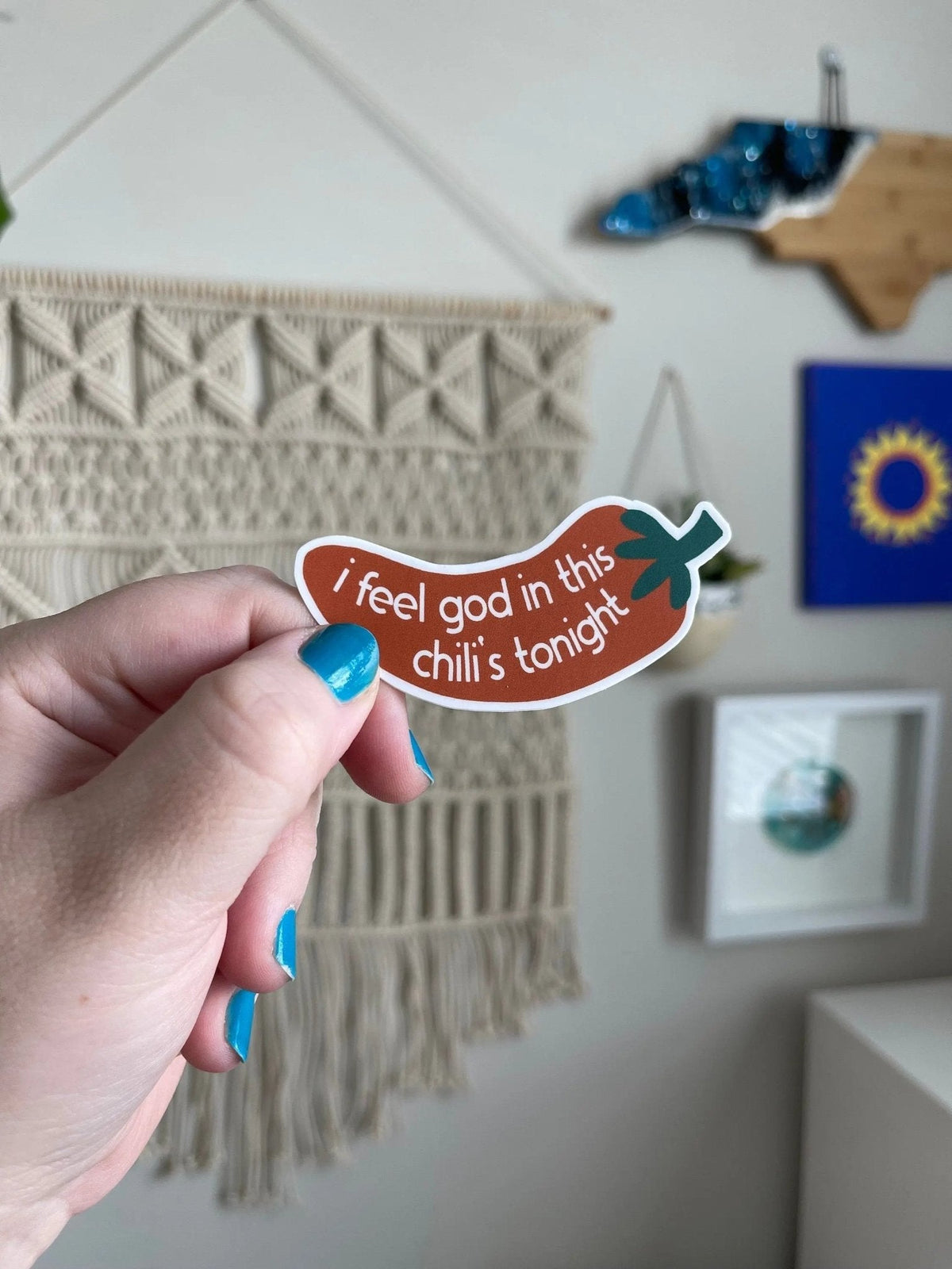 I Feel God In This Chili’s sticker — hand lettered The Office Dundies quote design, approx 3 x 2.25 in waterproof vinyl, by MangoIllustrated
