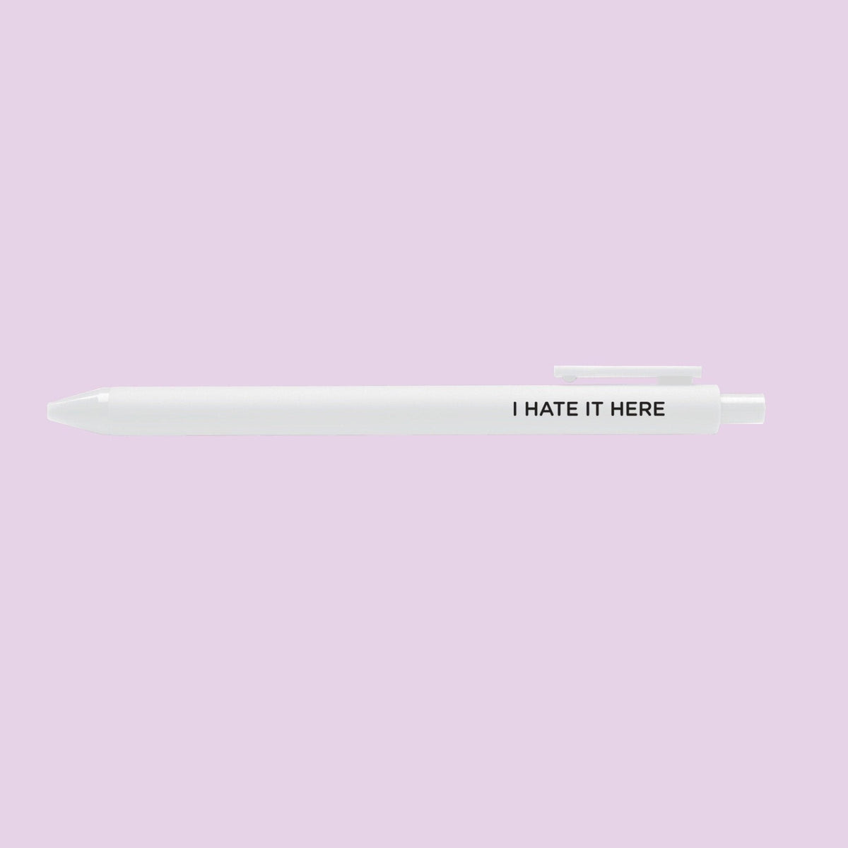 I hate it here jotter gel pen — white barrel with black lettering and black gel ink, 0.5mm fine point, by MangoIllustrated