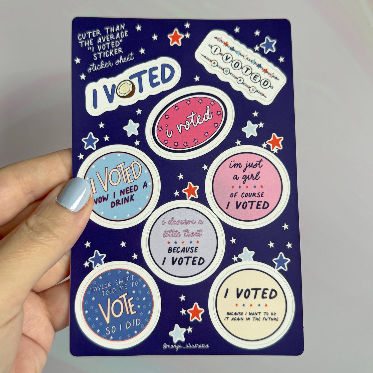 I Voted Sticker Sheet detail — hand lettered illustrated voting stickers by MangoIllustrated