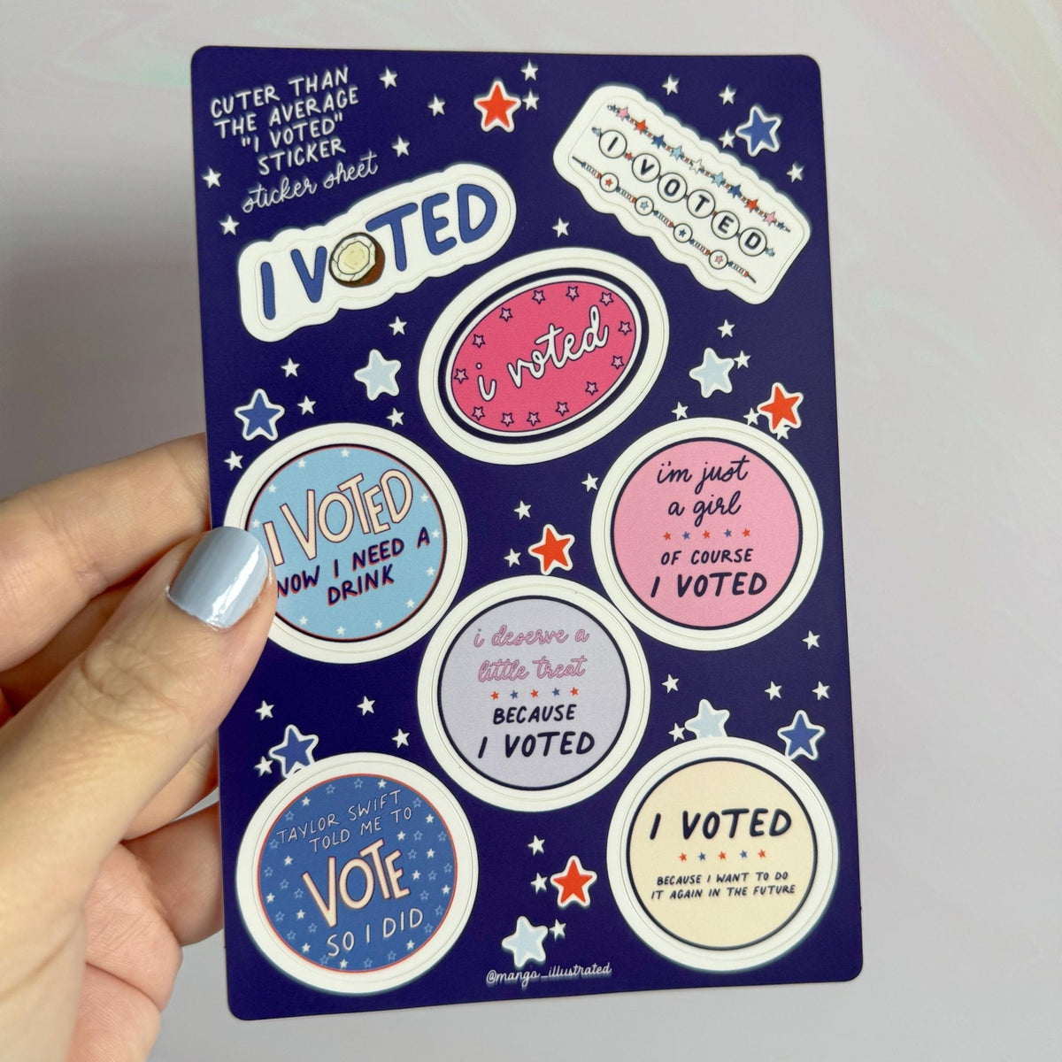 I Voted Sticker Sheet — 8 hand drawn illustrated I voted stickers on 4x6 in vinyl sheet by MangoIllustrated