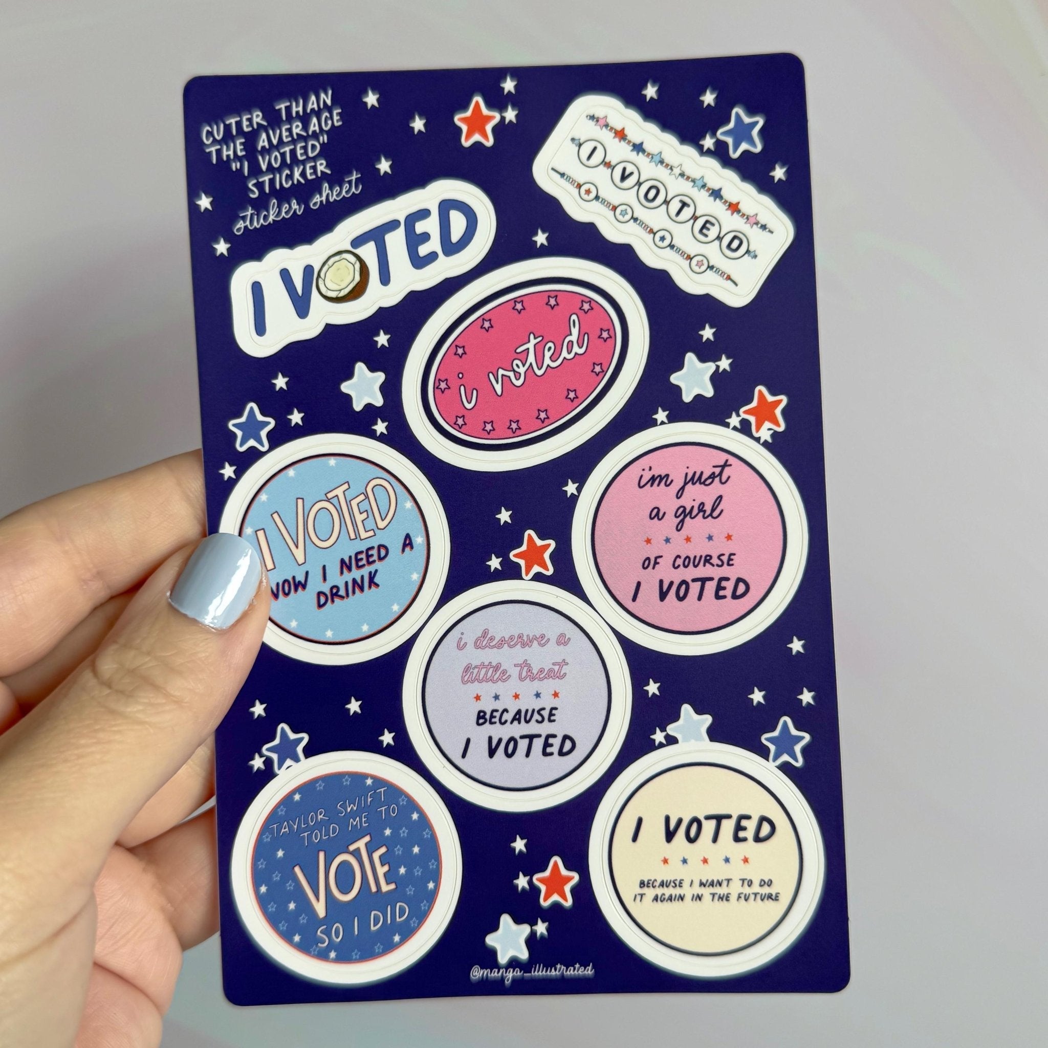 I Voted Sticker Sheet close-up — feminist voting sticker pack by indie artist MangoIllustrated