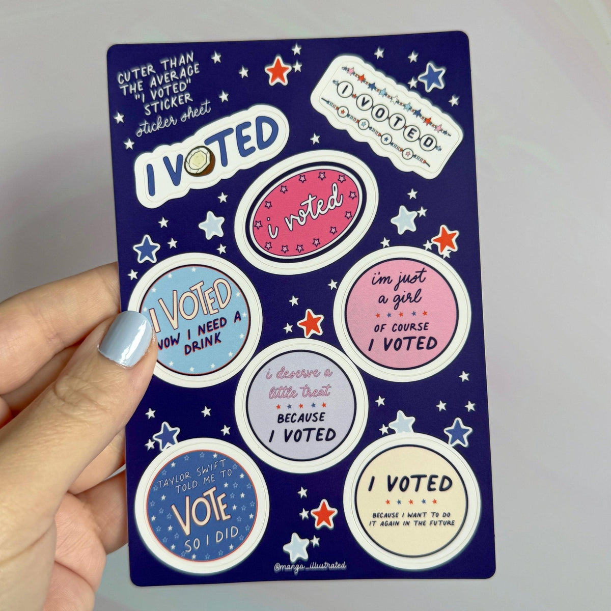 I Voted Sticker Sheet close-up — feminist voting sticker pack by indie artist MangoIllustrated