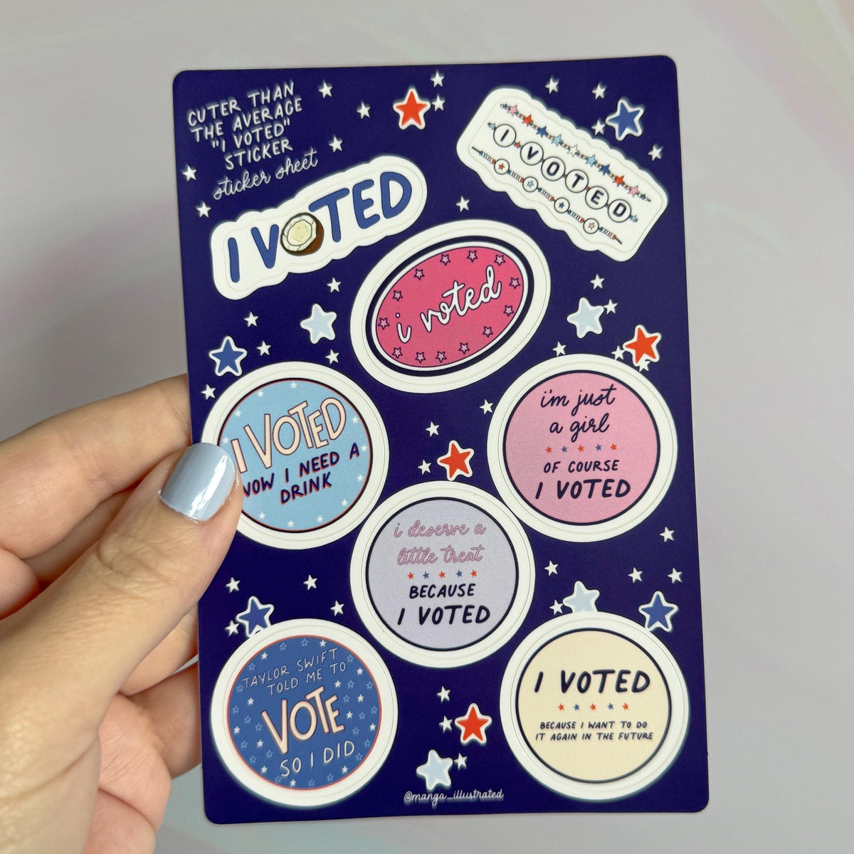 I Voted Sticker Sheet flat lay — political activist illustrated sticker sheet by MangoIllustrated