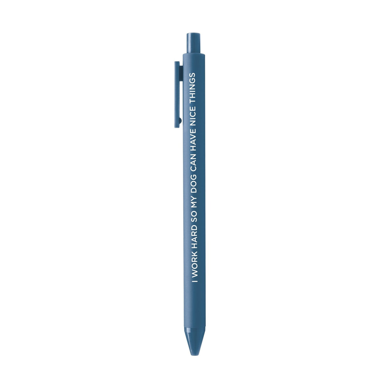 I Work Hard So My Dog Can Have Nice Things pen flat lay — funny navy dog mom gel pen with black ink by indie artist MangoIllustrated