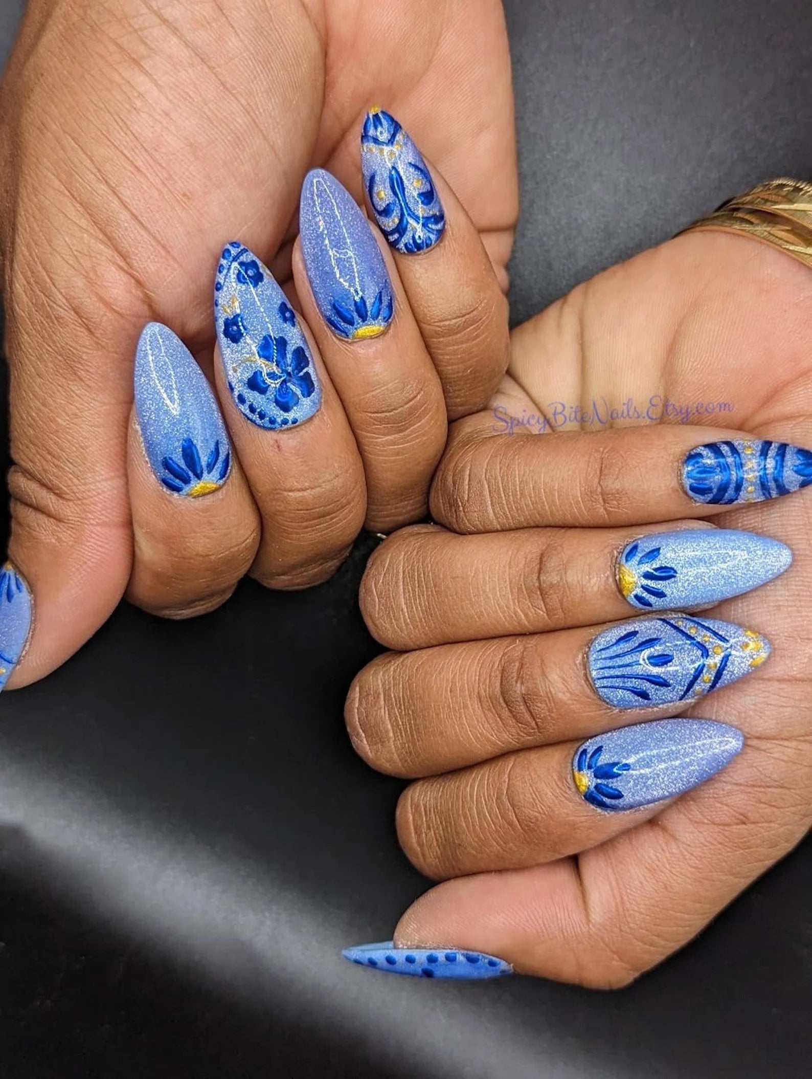 Talavera - Blue Cat Eye and Blue Chrome Mexican Tile Inspired Press-On Nail Extensions 10pcs