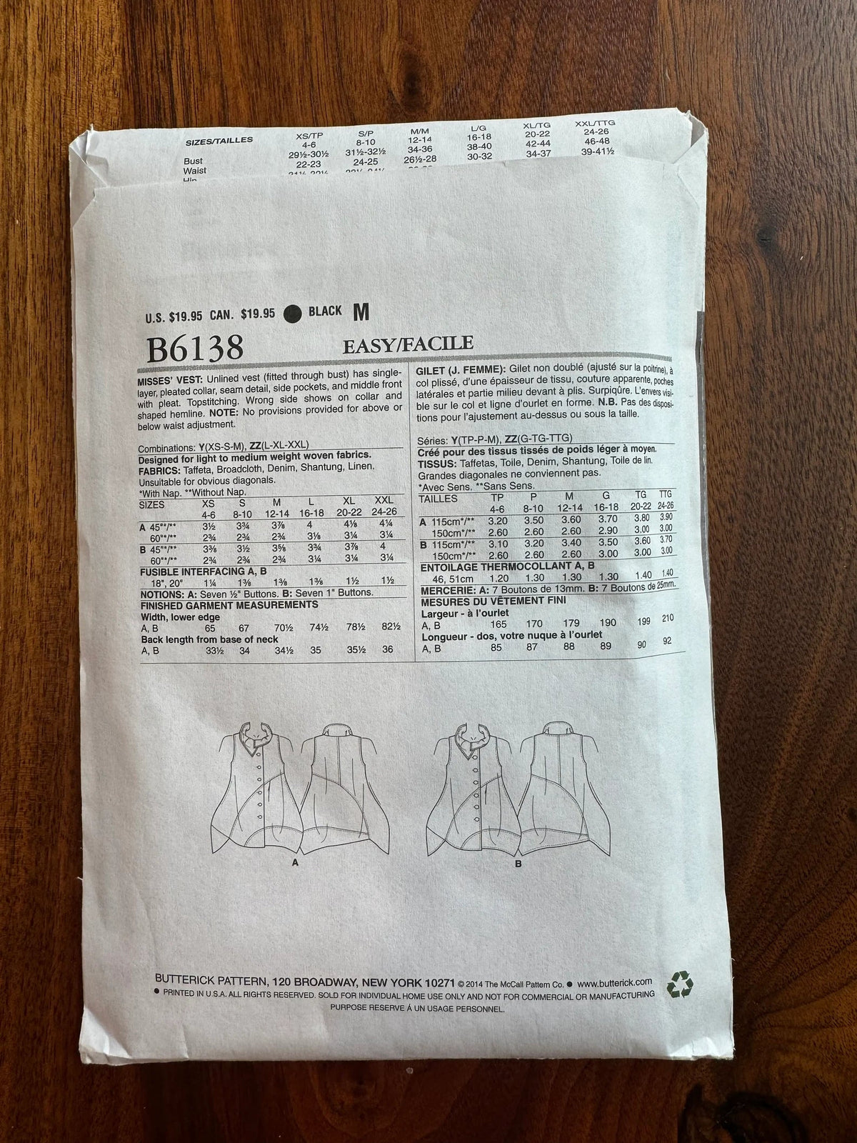 Butterick B6138 Lg/XL Sewing Pattern