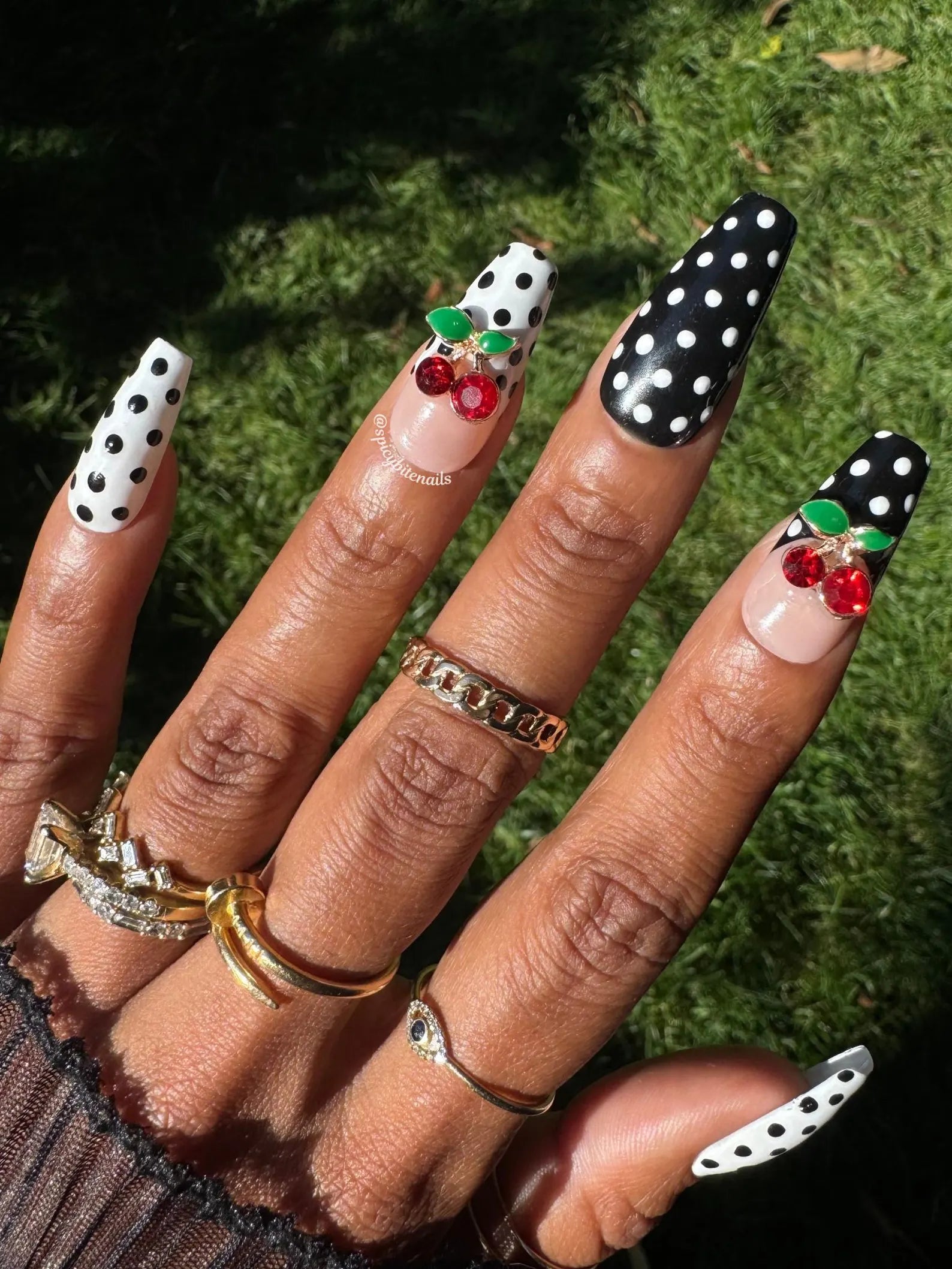 Cherry on Top - Black and White Polka Dot and Cherry Press-On Nail Extensions 10pcs