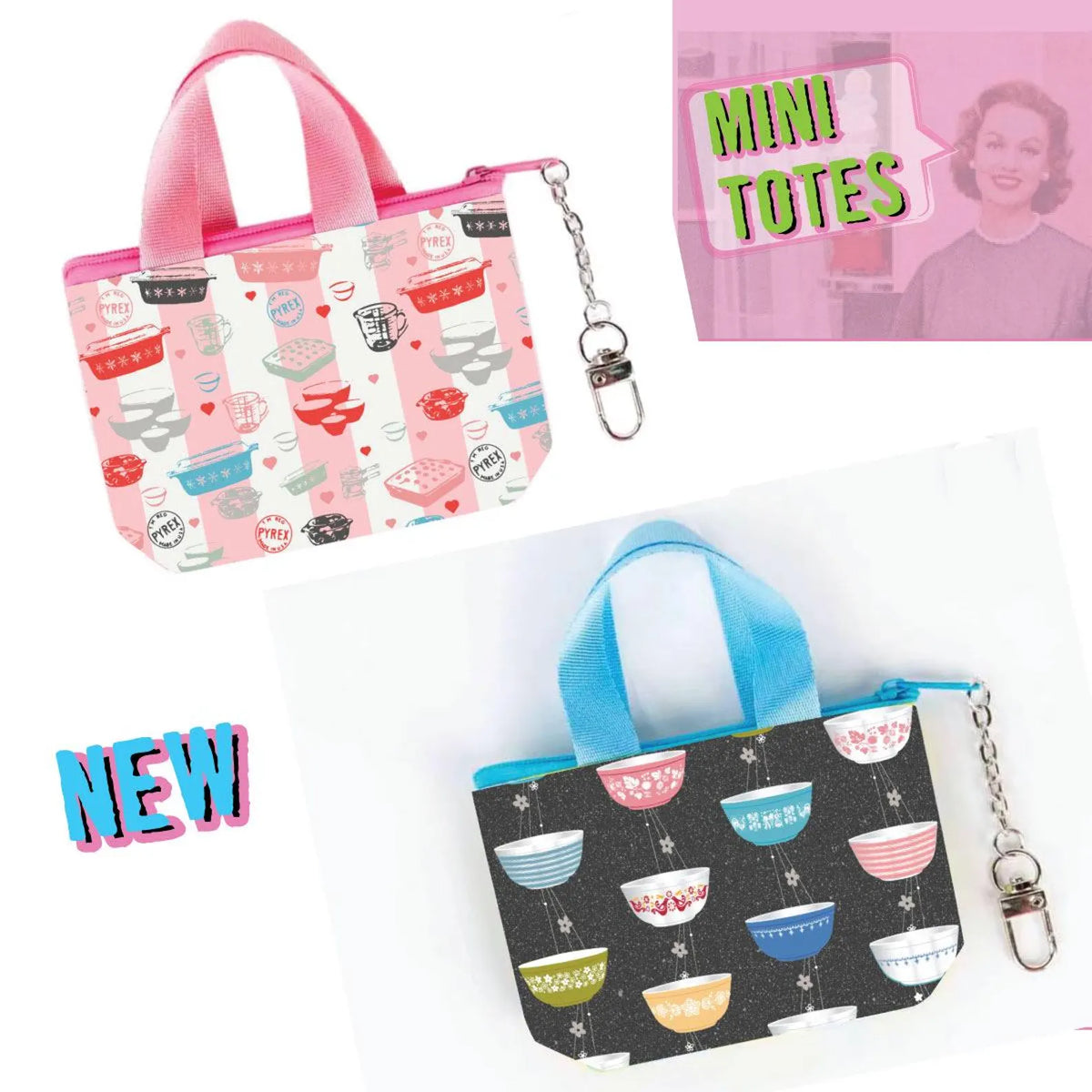 Mini Tote Bag Charm: Vintage Pyrex Kitchen Bowls, Zipper Pouch keychain