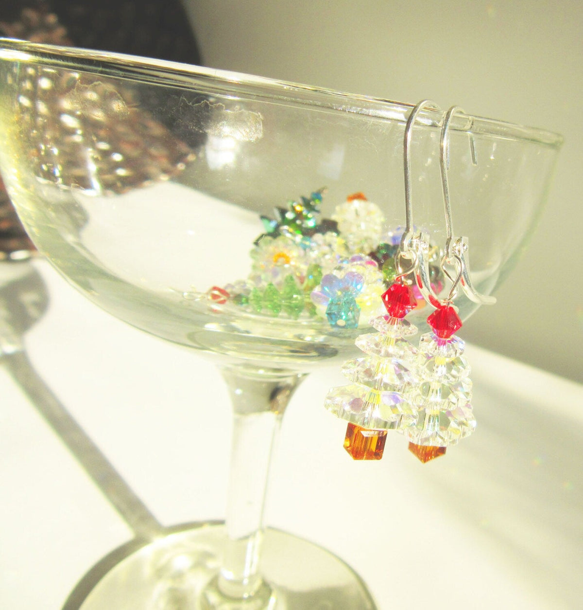 Dangle Earrings - Authentic Crystal Christmas Tree Earrings in various colors, designed by Enlivenadorn by Gwynstone, great as holiday gifts.