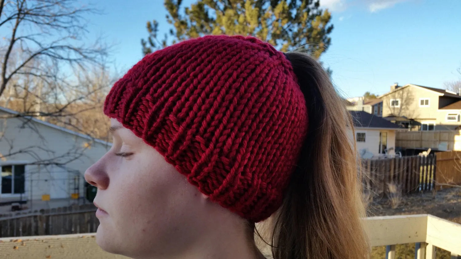 Red Chunky Hand Knit Messy Bun Hat