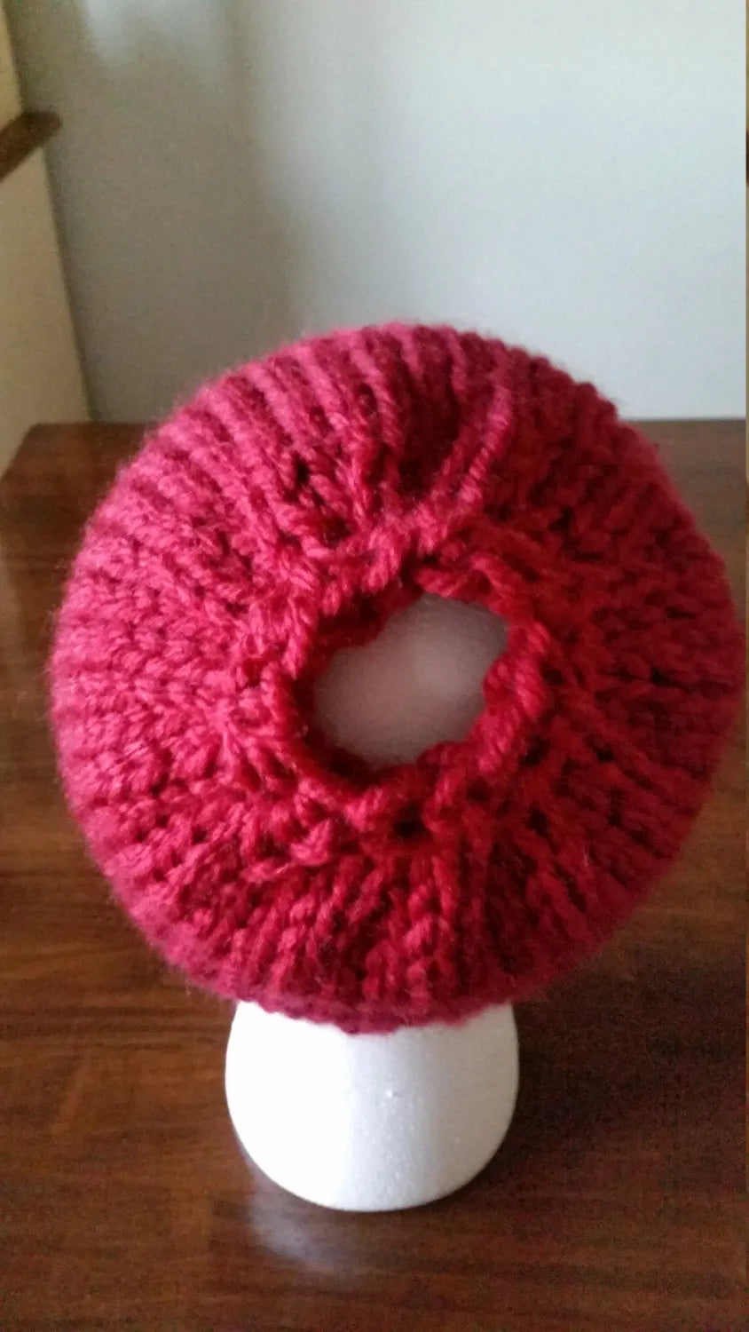 Red Chunky Hand Knit Messy Bun Hat