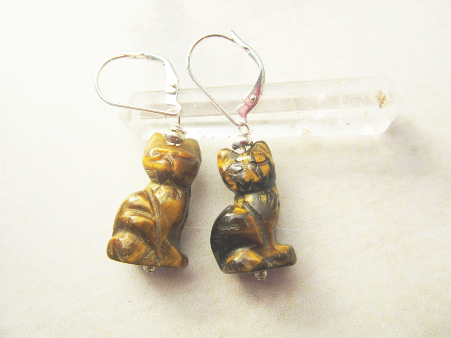 Cat earrings carved tiger cat, Cat Lover Earrings showcasing beautiful shades of brown stones, perfect for any outfit.