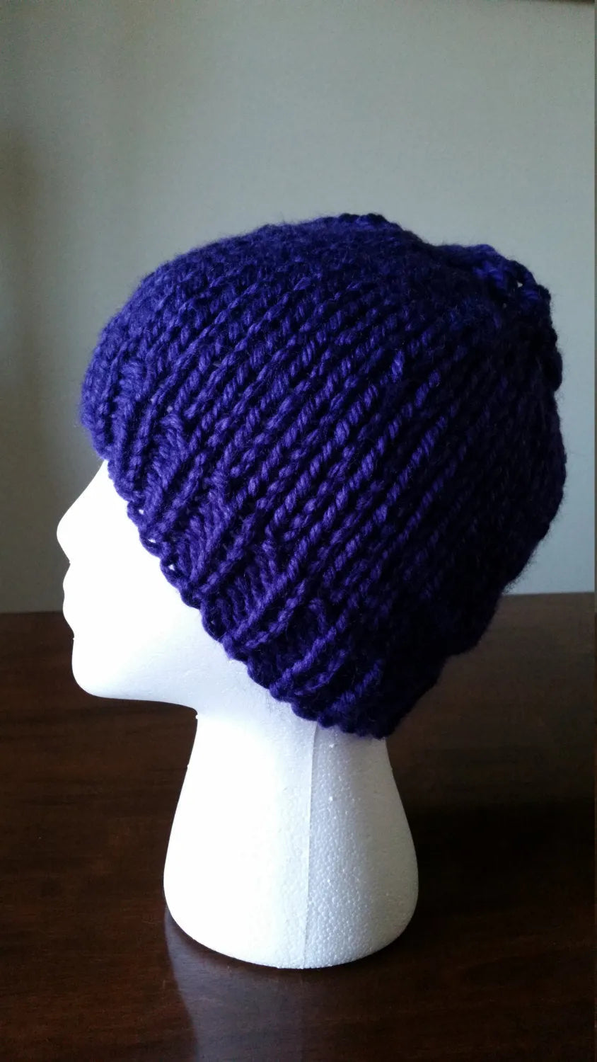 Purple Chunky Hand Knit Messy Bun Hat