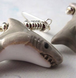 Lever back SHARK EARRINGS featuring adorable painted fish design, ideal gift for shark week and marine biology enthusiasts.