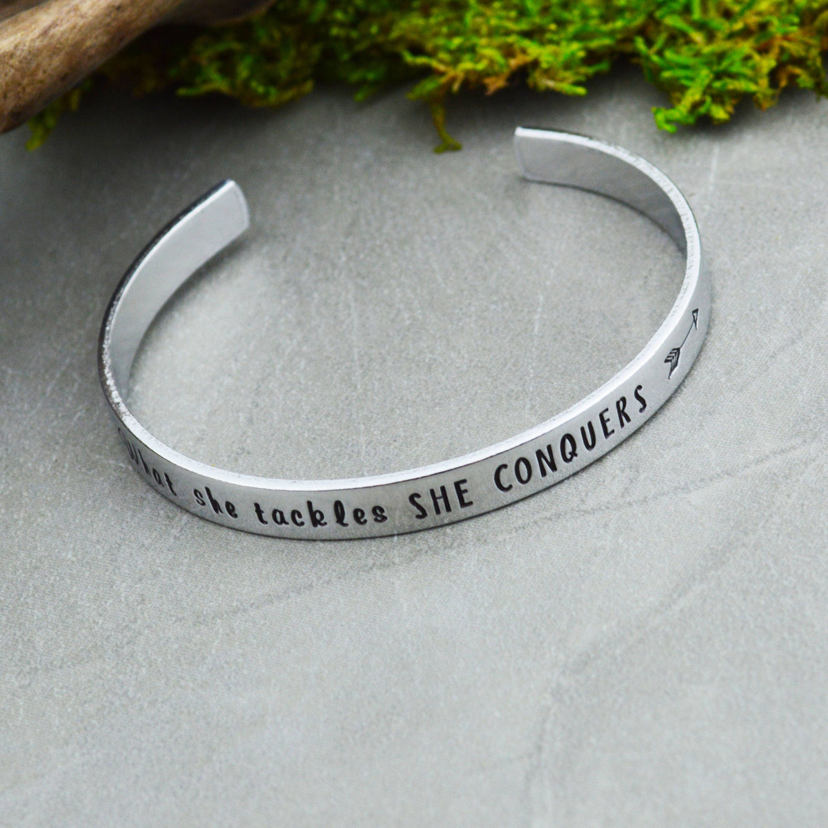 What She Tackles She Conquers Handstamped Bangle