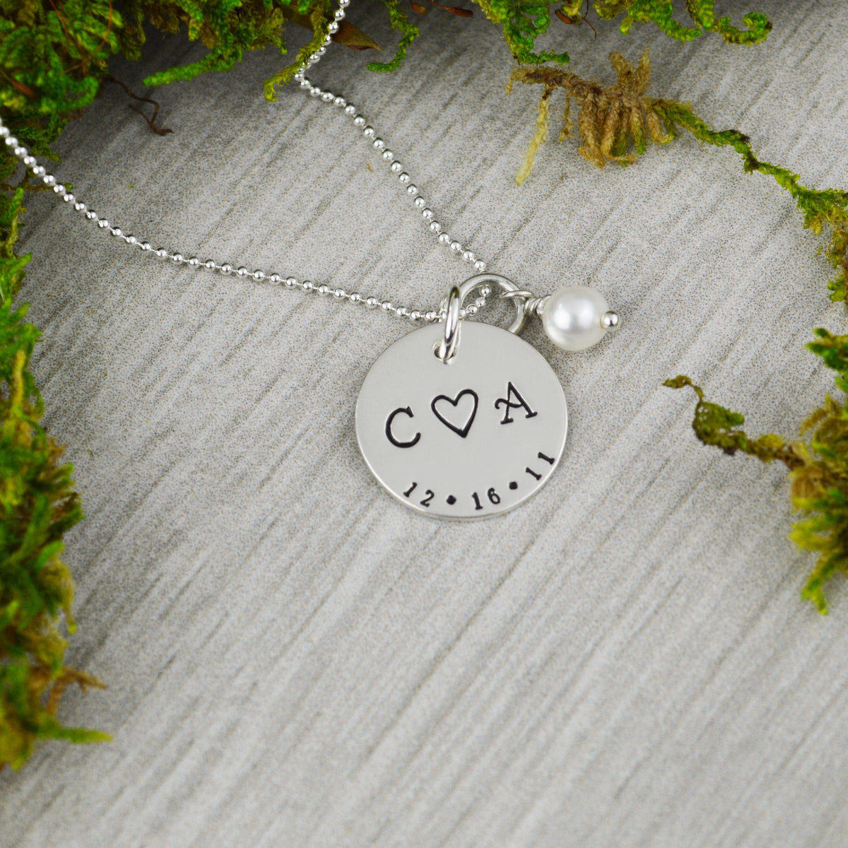 Custom Date and Initial Necklace with Freshwater Pearl - Hand Stamped Wedding Gift - Anniversary or Valentine Gift