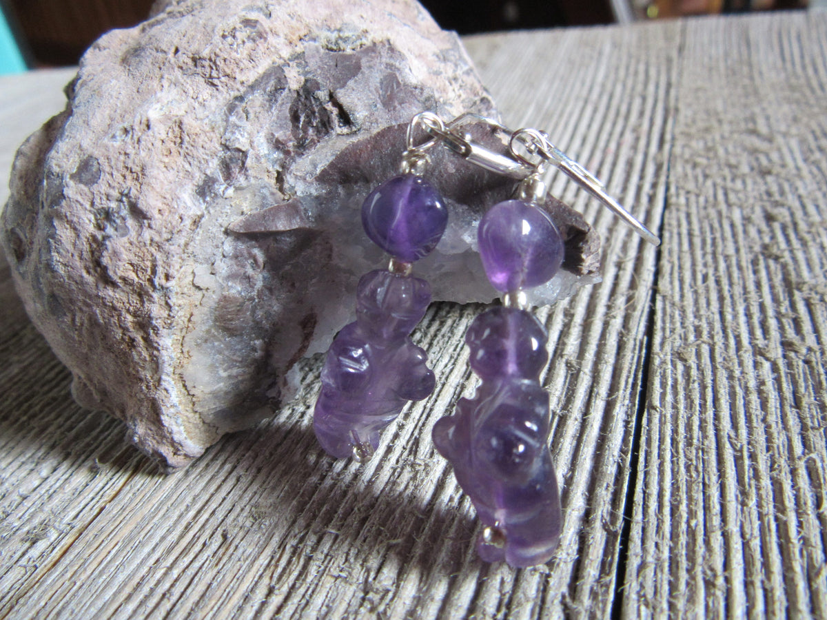 Purple Stone Venus Earrings featuring Goddess of Willendorf Figure carvings, a symbolic jewelry gift for women, showcasing zen aesthetic style.