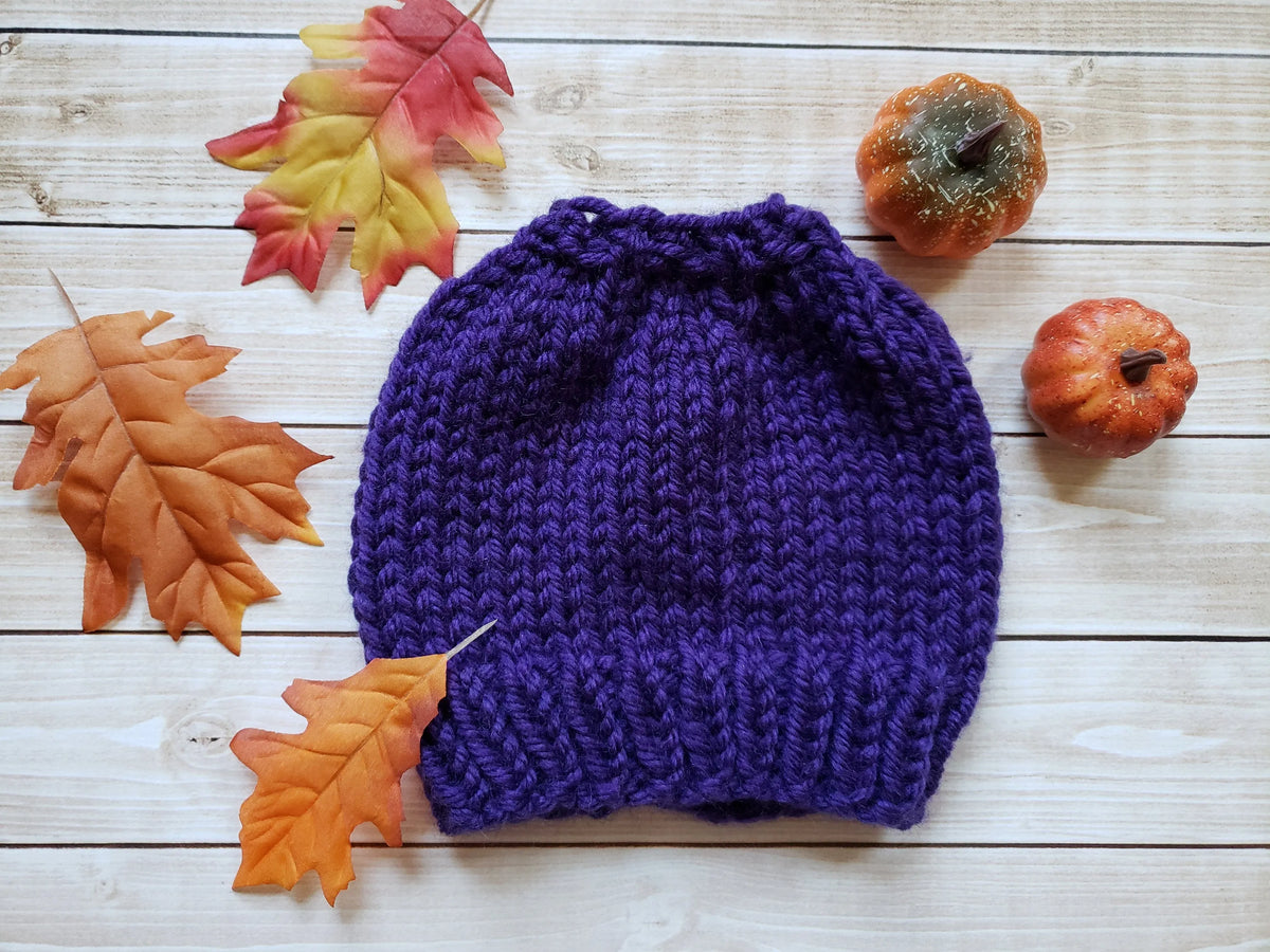 Purple Chunky Hand Knit Messy Bun Hat
