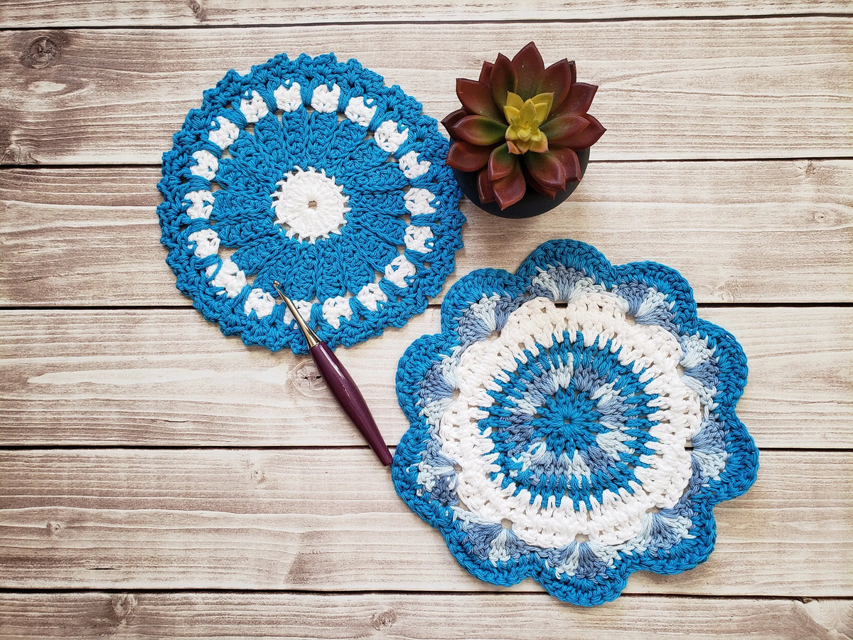 Blue Cotton Crocheted Dishcloth Set - Flower Design Dish Cloth - Round Kitchen Wash Cloths