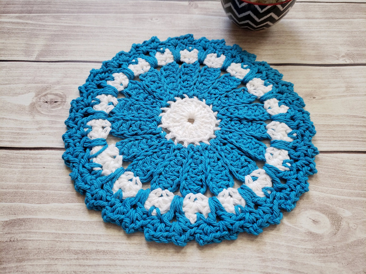 Blue Cotton Crocheted Dishcloth Set - Flower Design Dish Cloth - Round Kitchen Wash Cloths