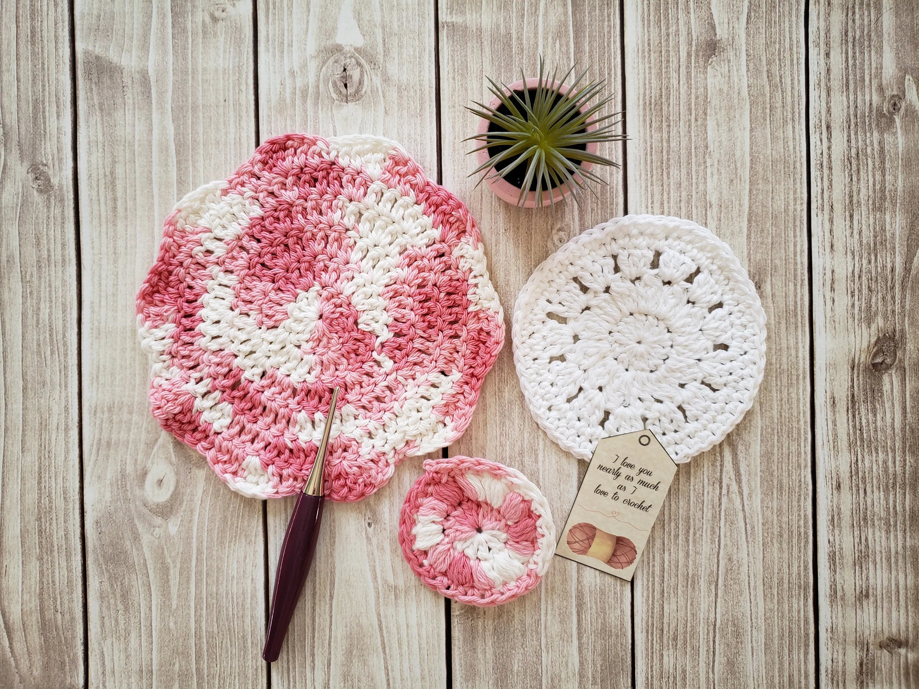 Pink White Cotton Crocheted Washcloth Set