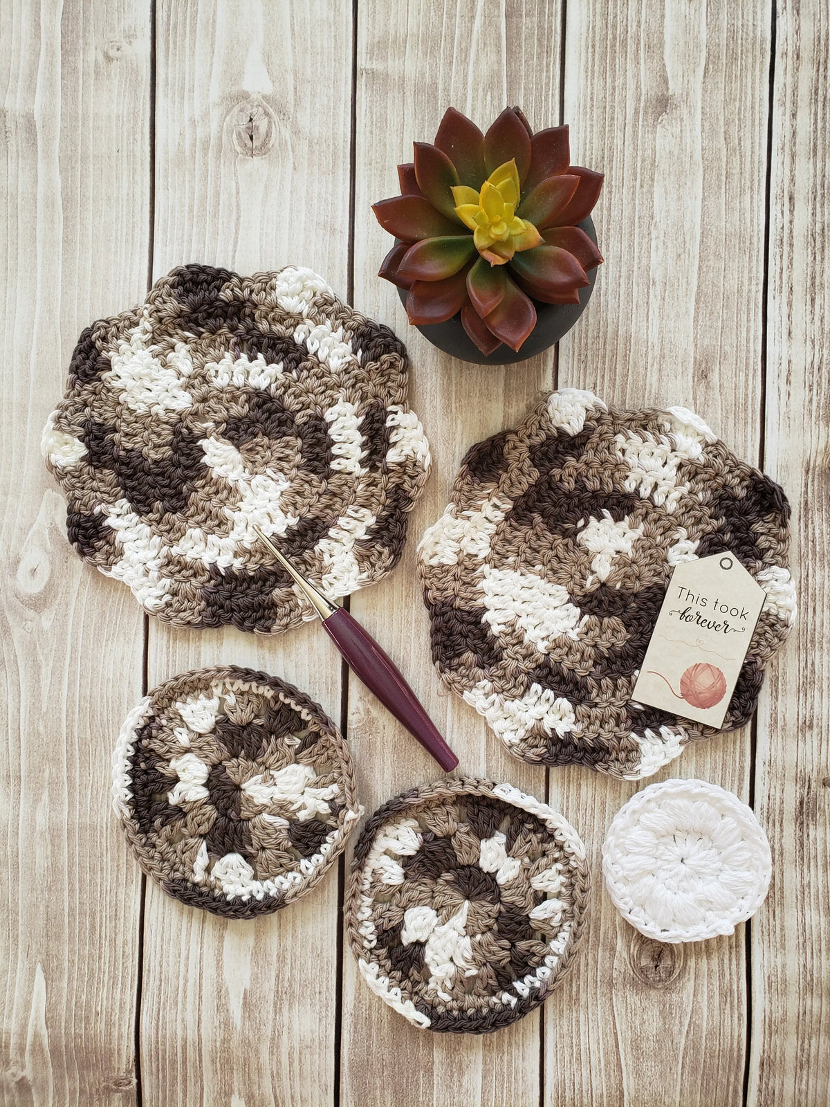 Brown White Cotton Crocheted Washcloth Set