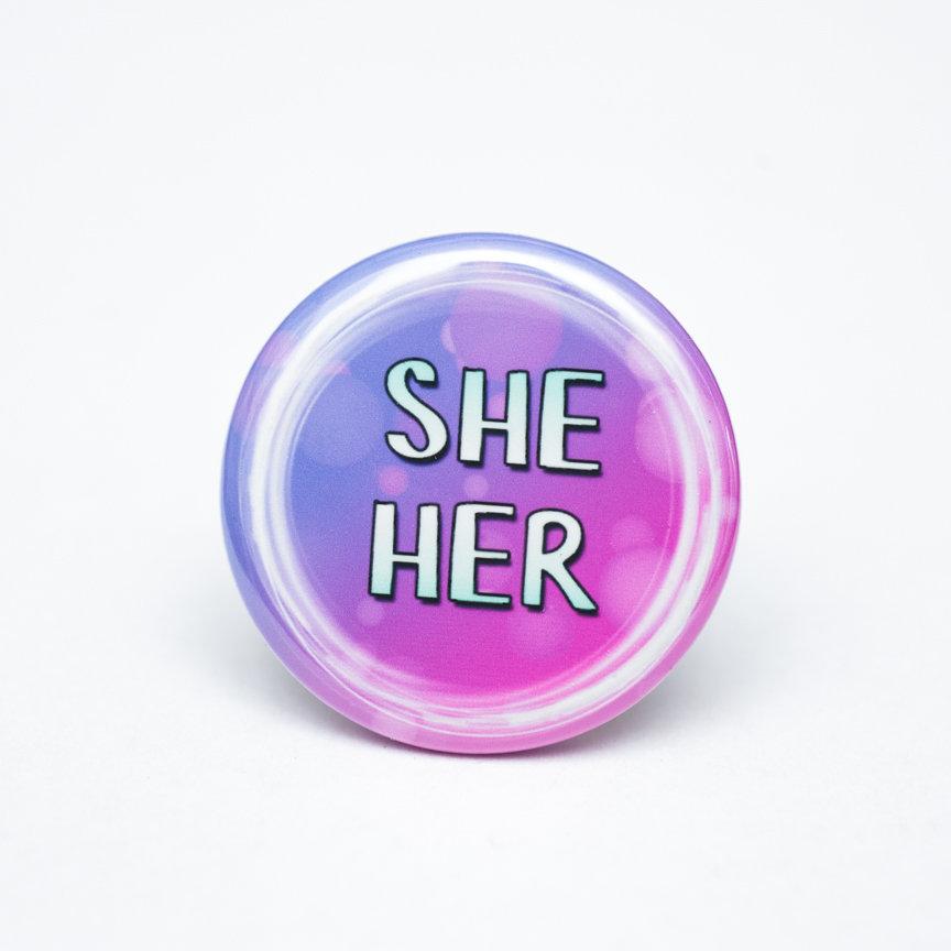 lgbtq she her pronoun buttons