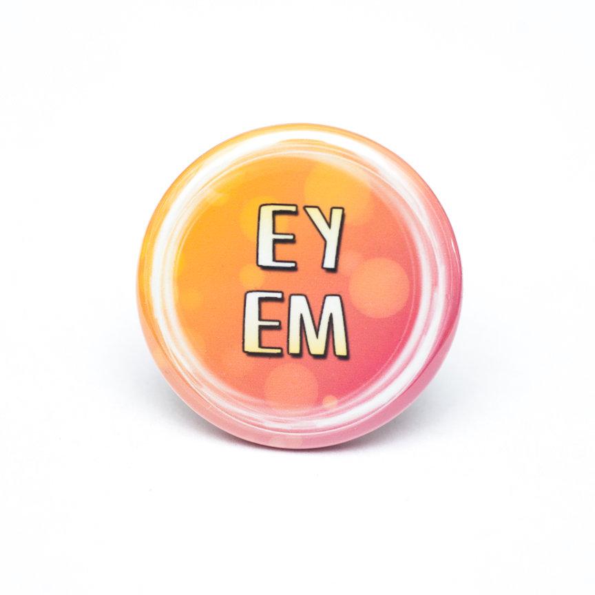 lgbtq ey em pronoun button