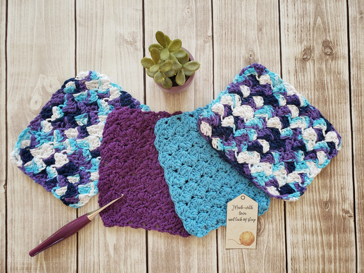 Blue Purple Cotton Crocheted Washcloth Set -Square Kitchen Dish Cloths - Make Up Remover
