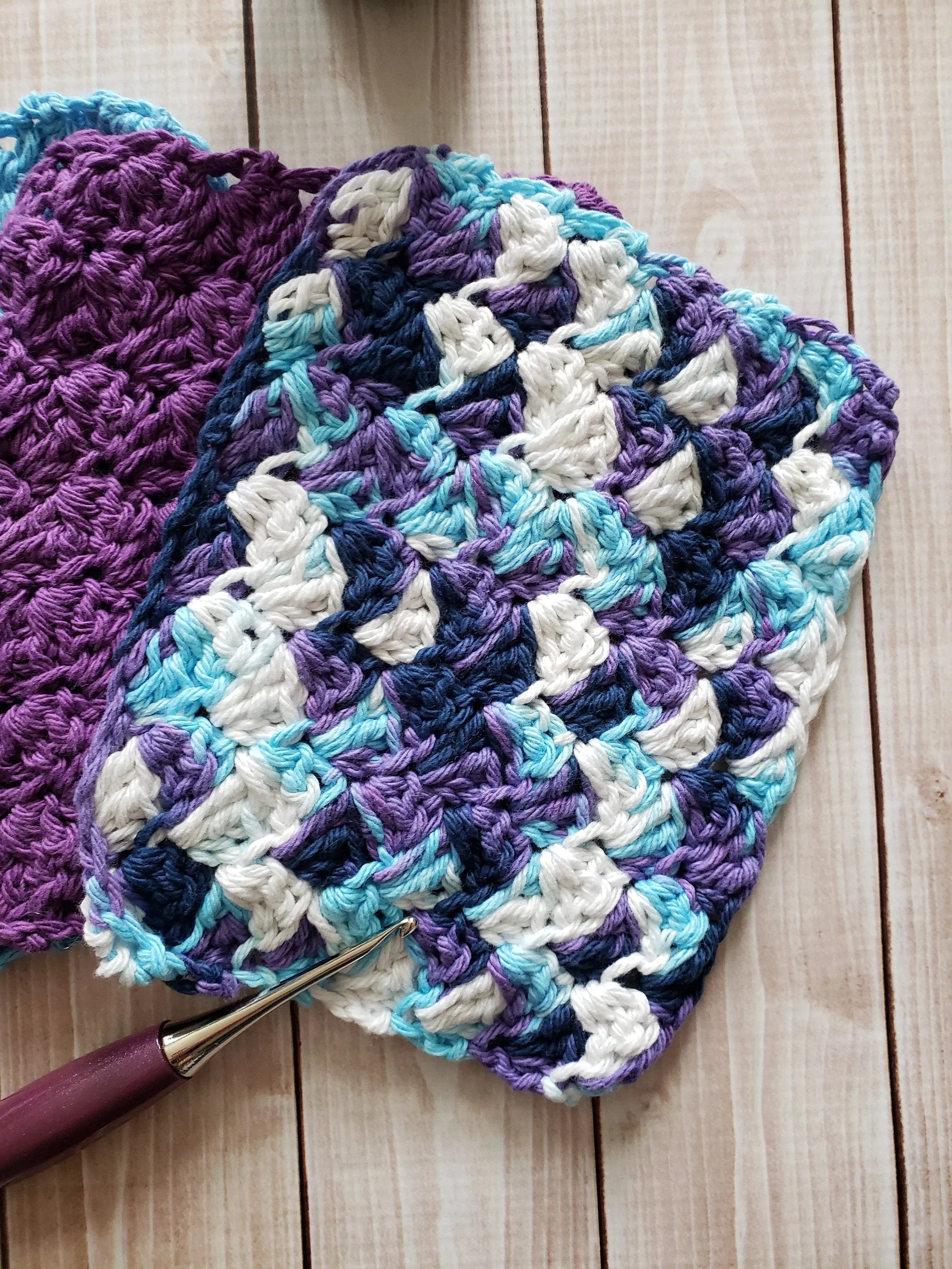 Blue Purple Cotton Crocheted Washcloth Set -Square Kitchen Dish Cloths - Make Up Remover