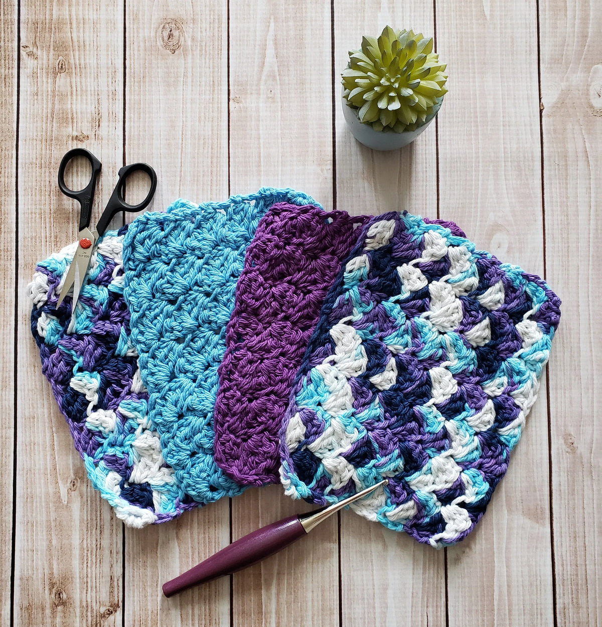 Blue Purple Cotton Crocheted Washcloth Set -Square Kitchen Dish Cloths - Make Up Remover